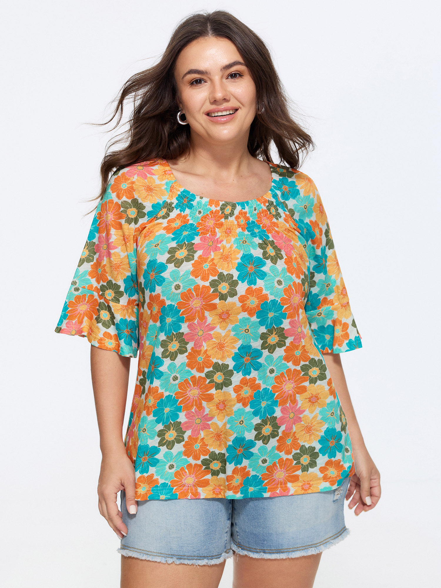 BloomChic Women's Plus Size Cotton Floral Print Ruffle Mid Sleeve Top Multicolor 3/4 Sleeve Everyday-Casual Round Neck 10/M