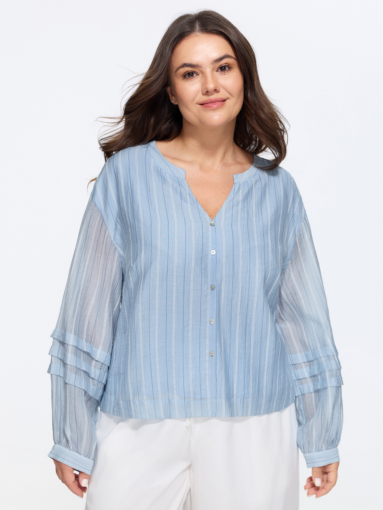 BloomChic Women's Plus Size Sheer Striped Print Pleated Sleeve Blouse LightBlue Stripes Everyday-Casual Long Sleeve V-Notch Neck 10/M