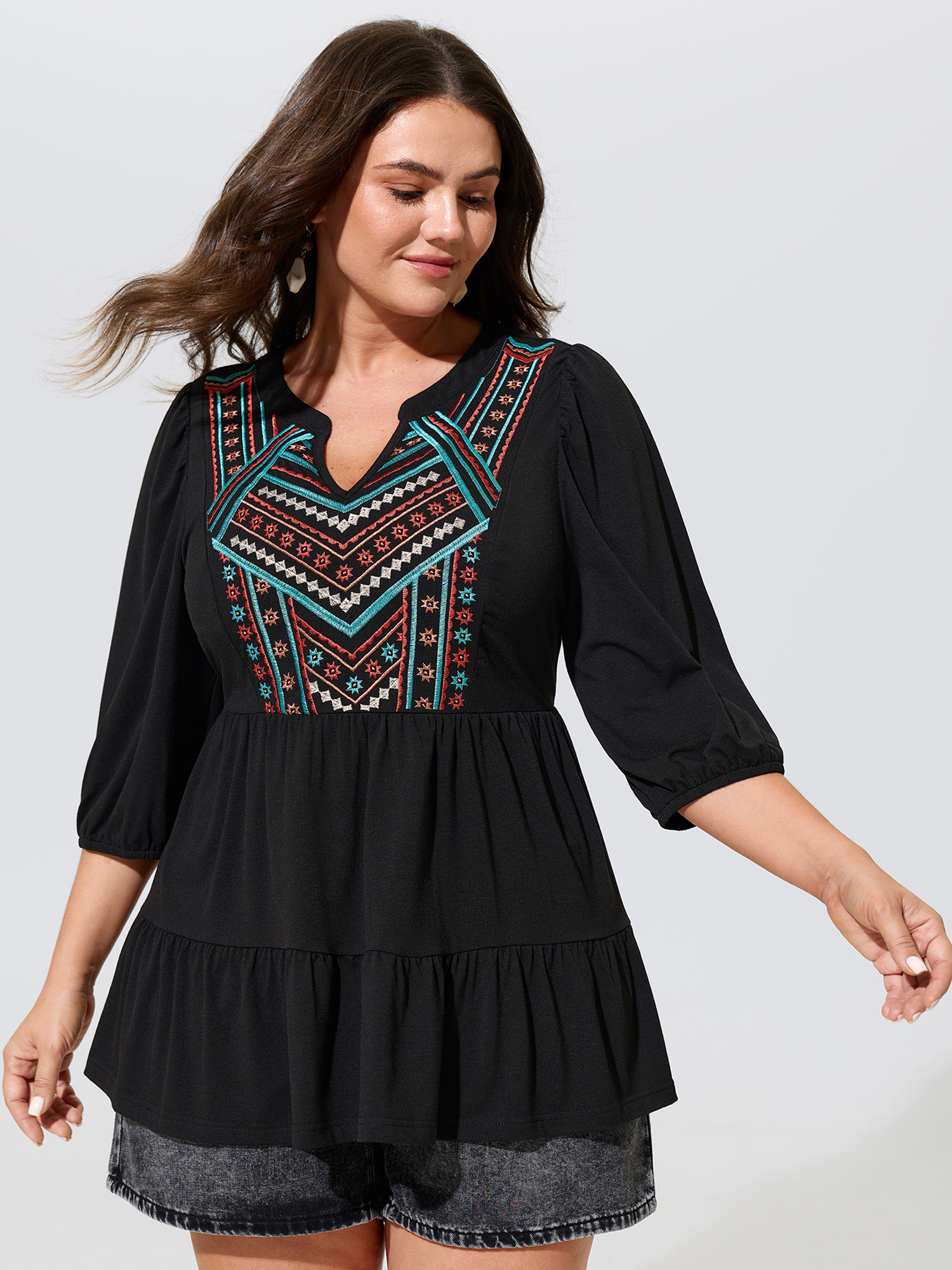 BloomChic Plus Size Supersoft Boho Embroidered Notch Neck Tiered Top - Women's Black Tie-dye V-Neck Comfort Midsection Fit Cap Sleeve Americana Daily Knit Tops 22-24/2X