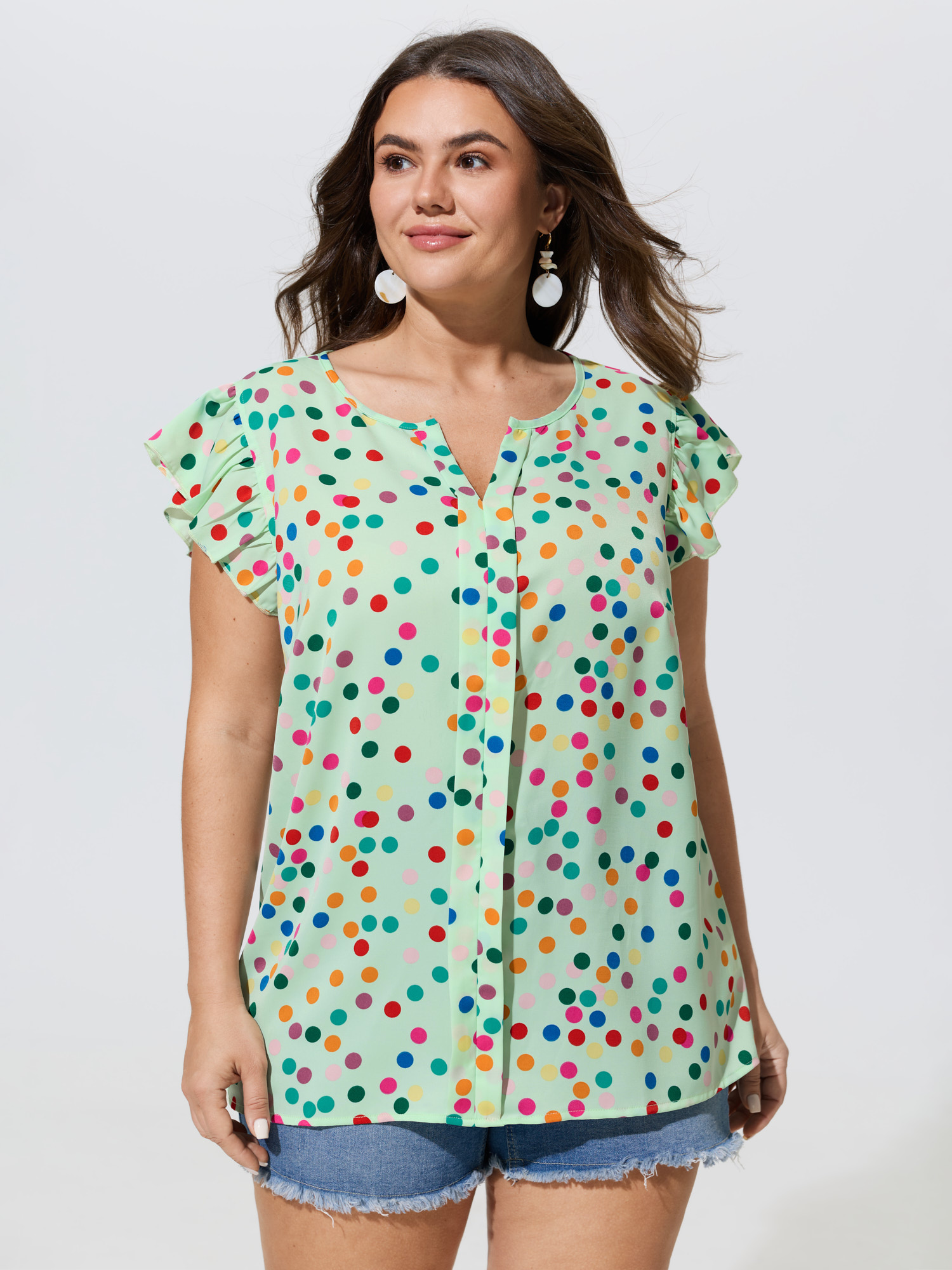 BloomChic Women's Plus Size Polka Dot Flutter Sleeve Blouse Greenbean Polka dots Vacation Cap Sleeve 10/M