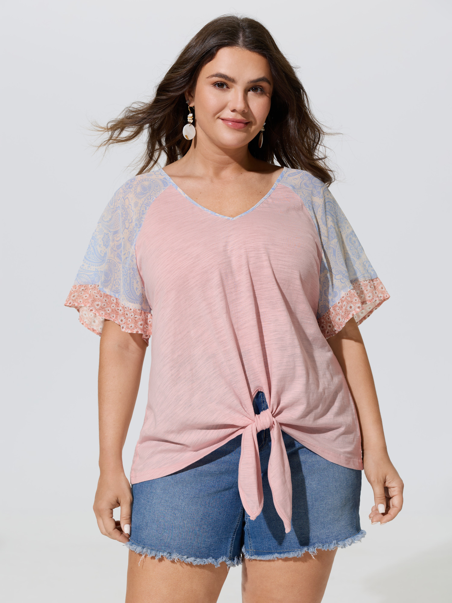 BloomChic Women's Plus Size Pure Cotton Floral Sleeve Knotted T-Shirt Lightpink Non Vacation Short sleeve 10/M