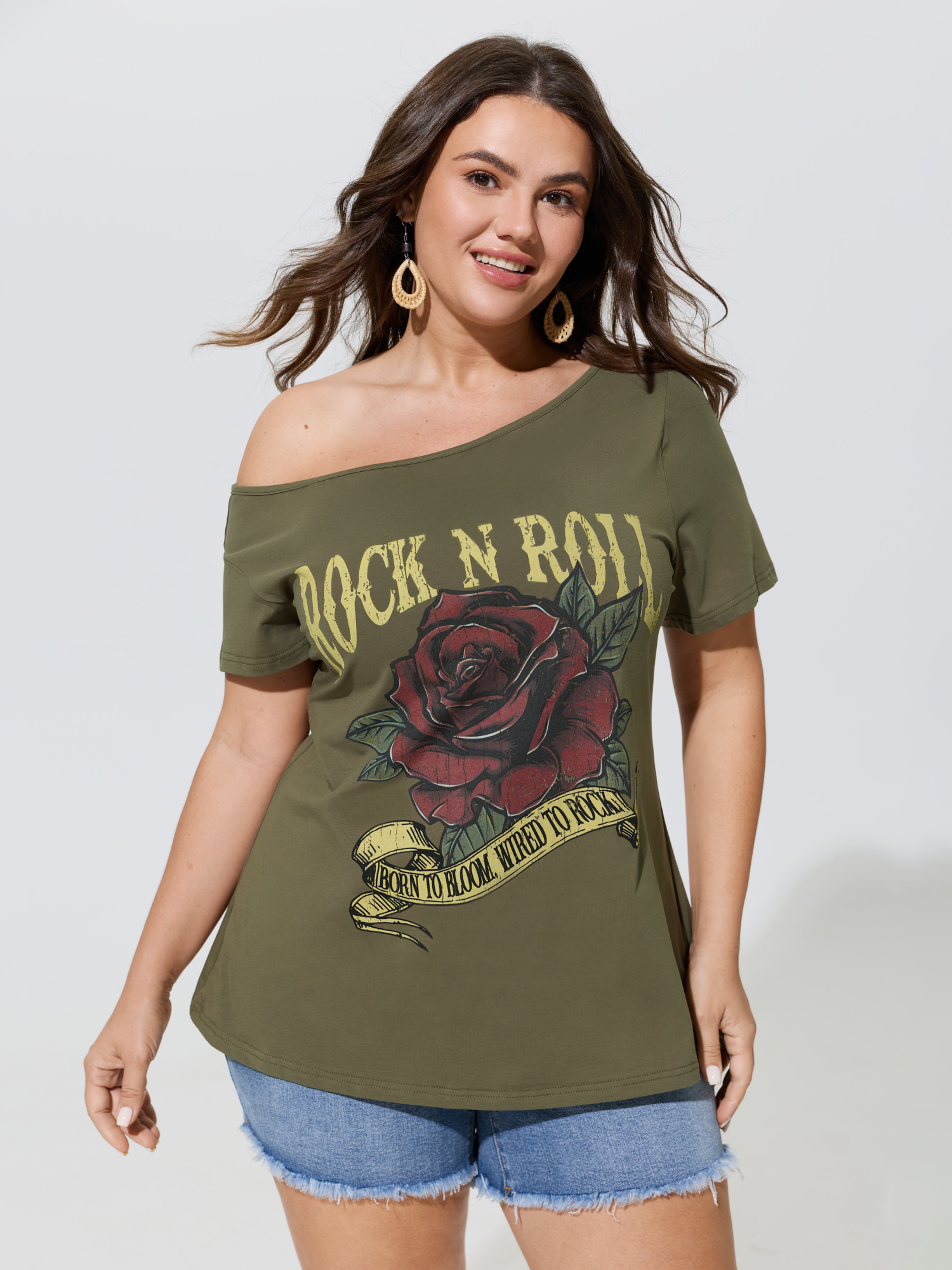 BloomChic Women's Plus Size Cotton Rock And Roll Print T-Shirt ArmyGreen Vacation Short sleeve One-Shoulder 10/M