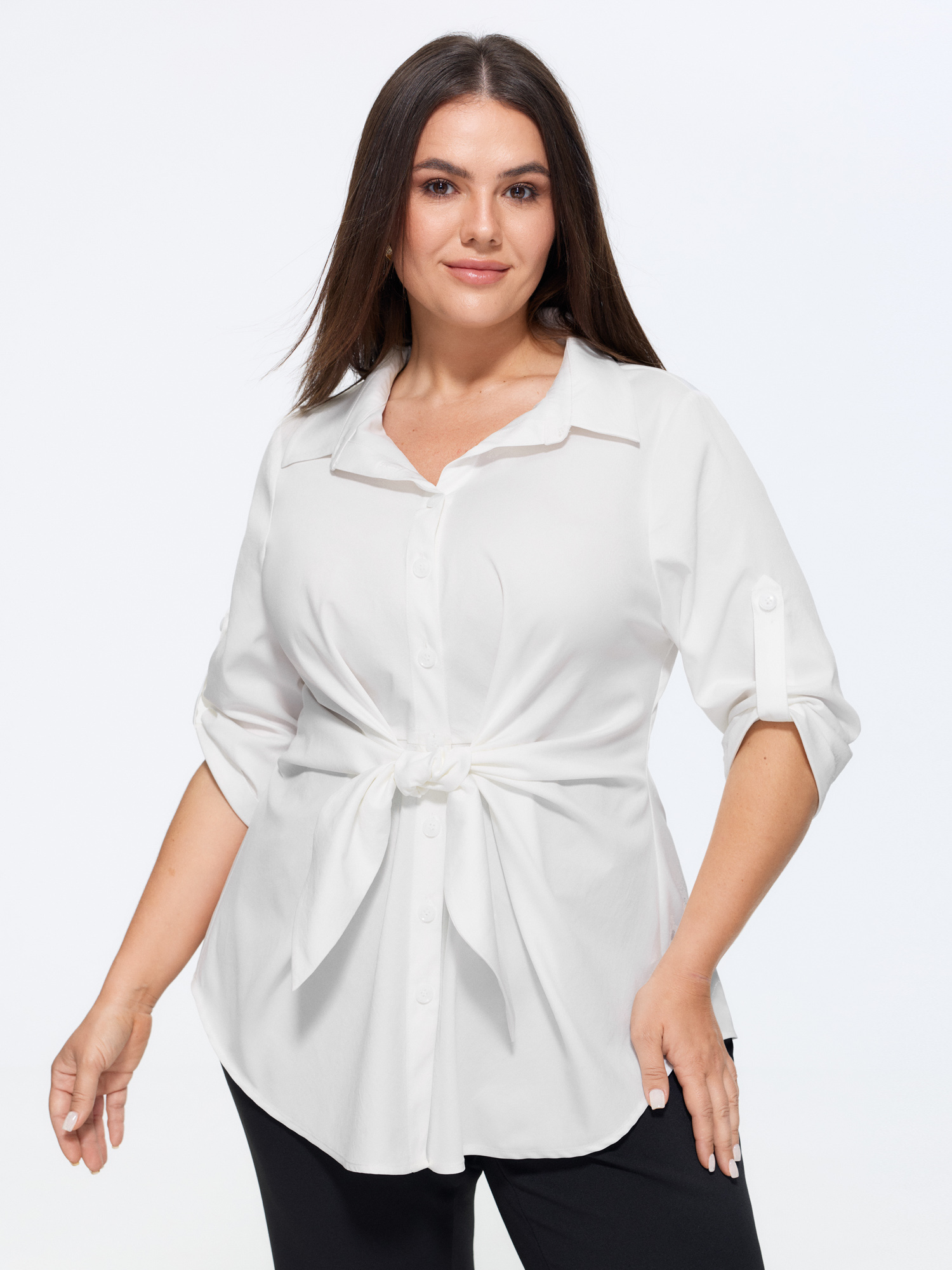 BloomChic Women's Plus Size Solid Lapel Collar Knotted Front Waist Shirt Opticwhite Office Long Sleeve Collared Neck 10/M