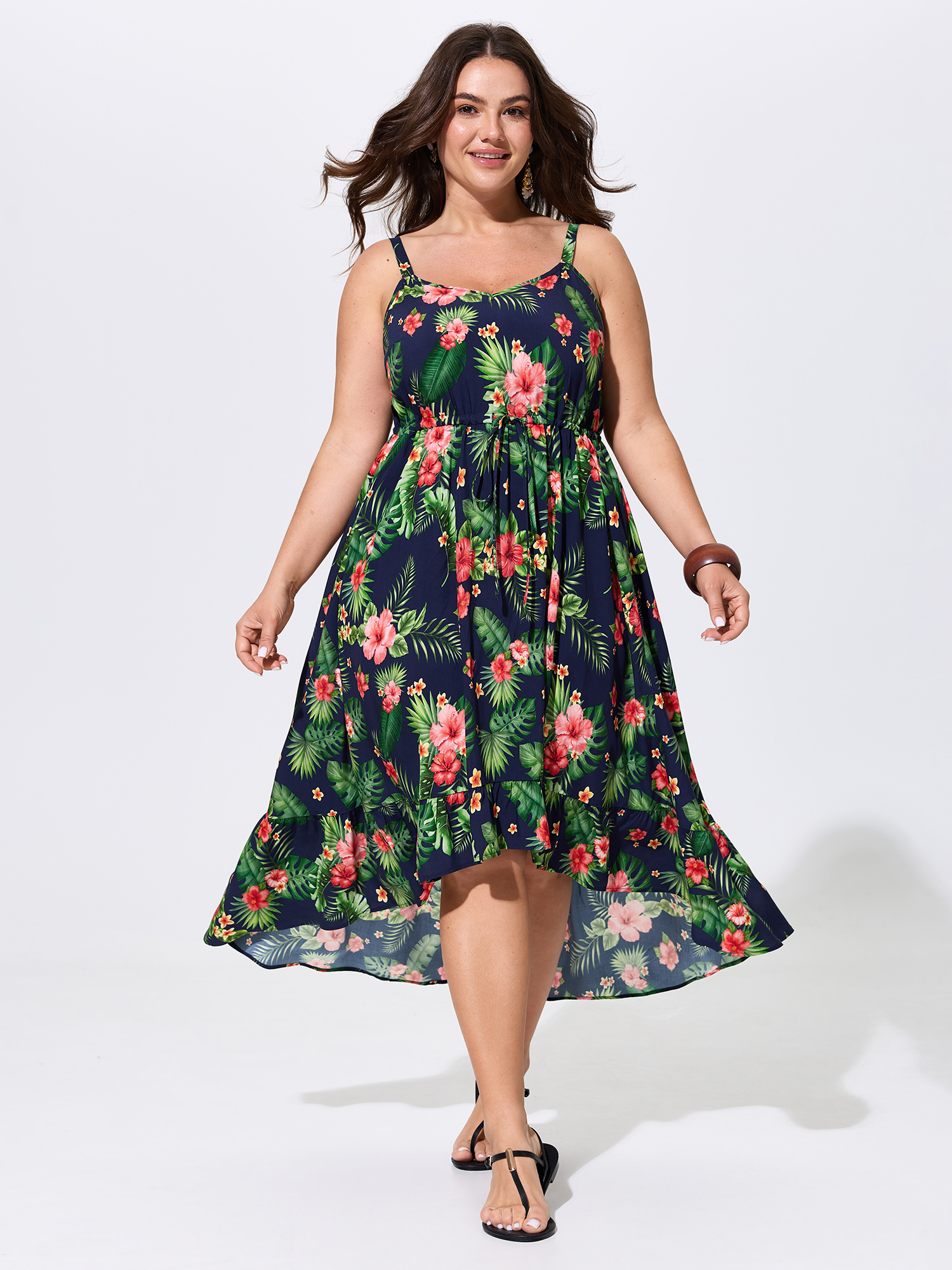 BloomChic Women's Plus Size Vibrant Floral Print High Low Hem Midi Dress Midnight Tropical Midi Vacation Ruffles 18-20/2X