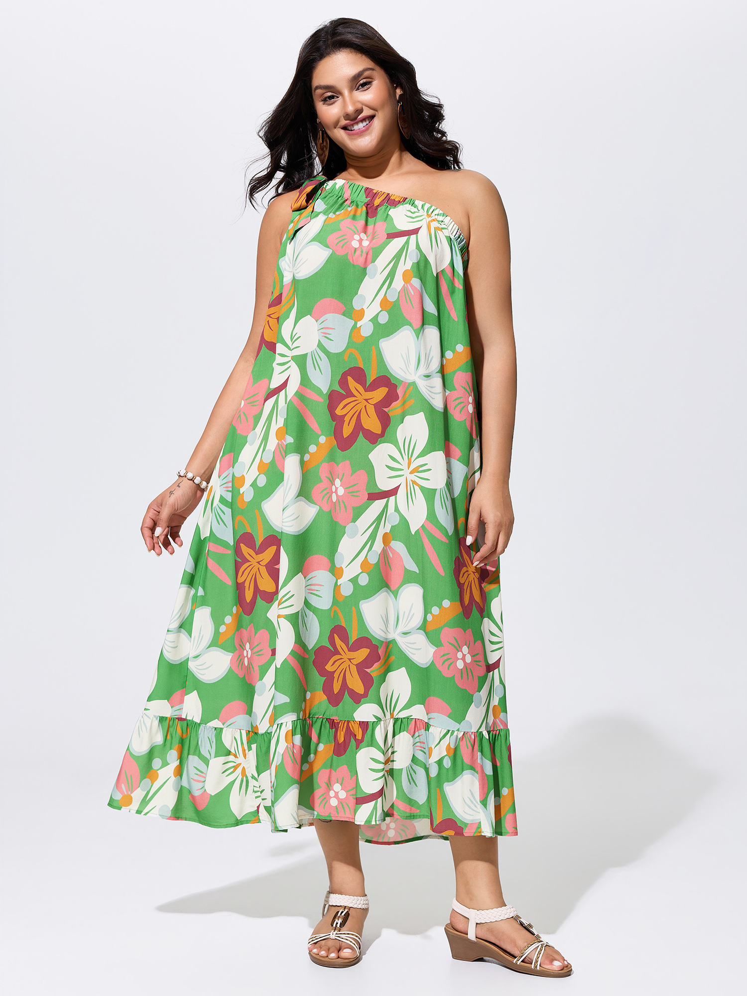 BloomChic Women's Plus Size Colorful Floral Print One-Shoulder Tie Maxi Dress SpringGreen Floral Maxi Vacation Lace-Up 22-24/3X