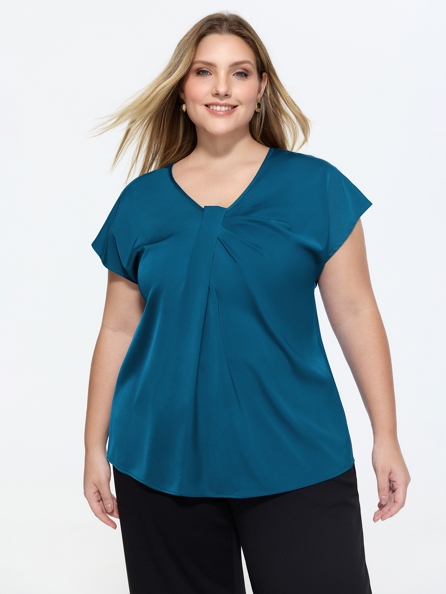 BloomChic Women's Plus Size Knotted Front Plain Dolman Sleeve Blouse Aegean Solid Office Cap Sleeve V-Neck 10/M