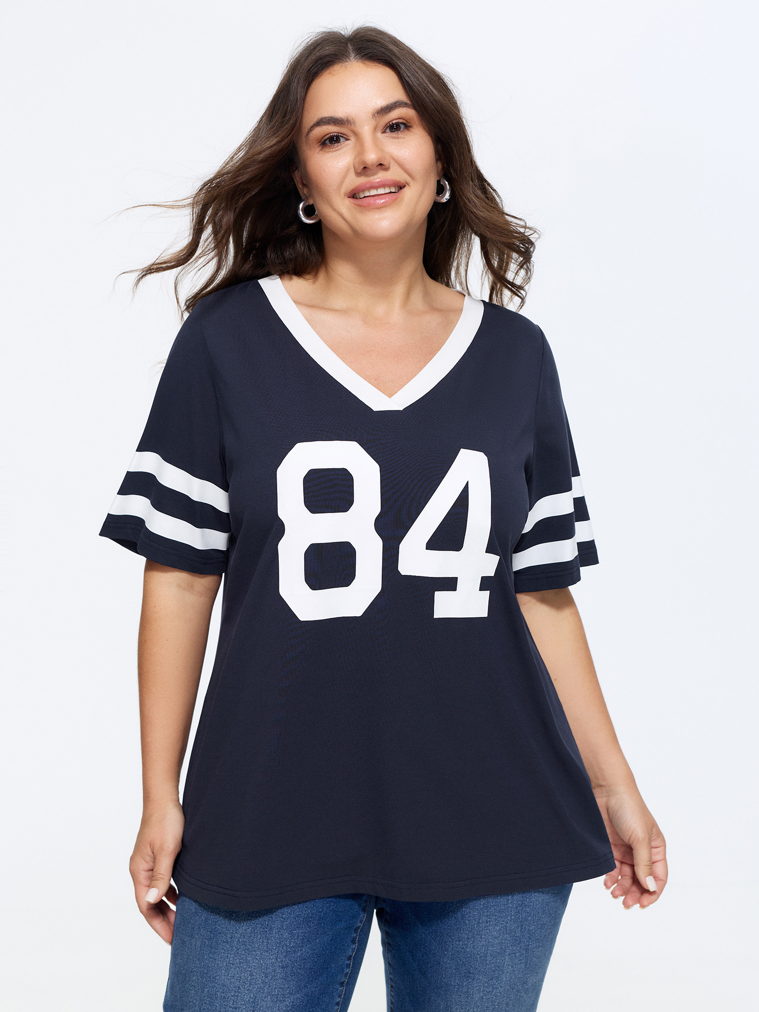 BloomChic Women's Plus Size Cotton Graphic Print Color Contrast T-Shirt Indigo Solid Everyday-Casual Short sleeve V-Neck 26/4X