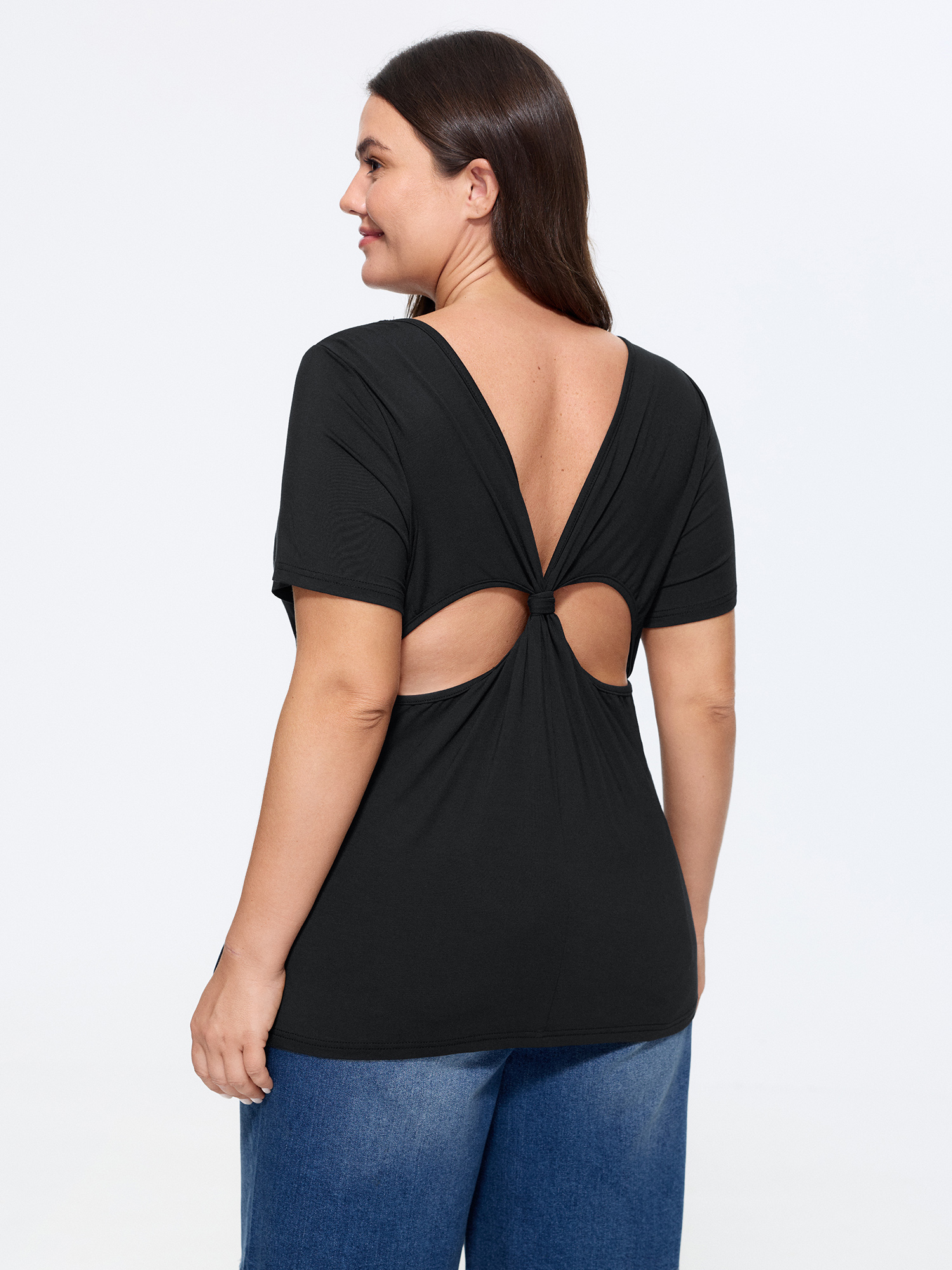 Bloomchic Knotted Back Cut Out Fitted Plain T-shirt In Black
