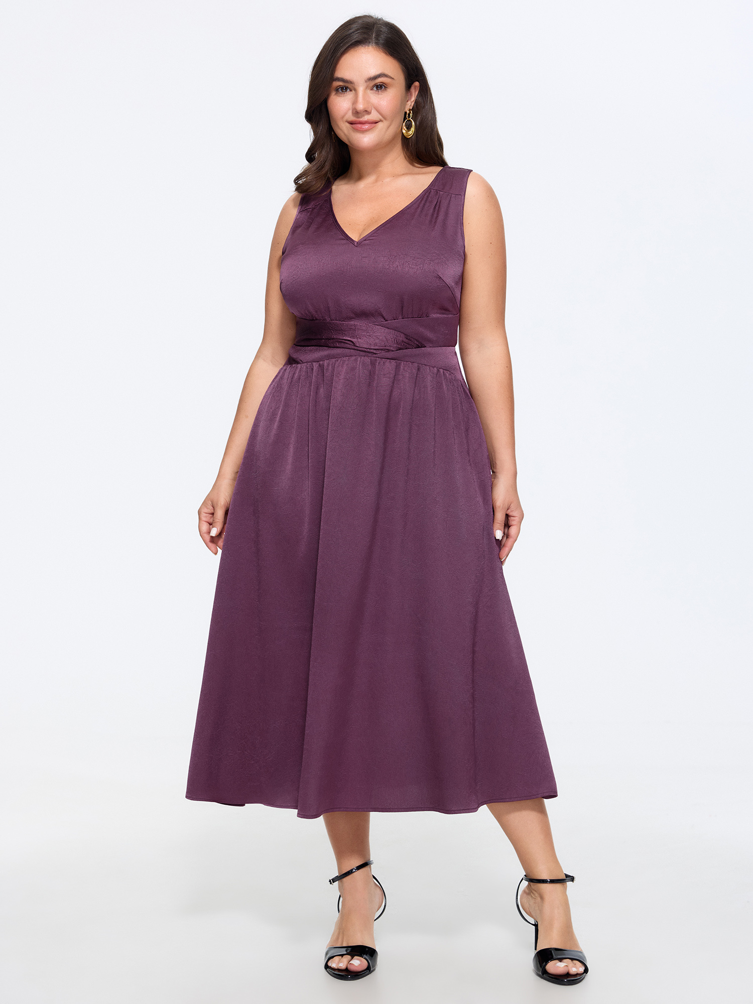 BloomChic Women's Plus Size Satin Twist Waist Shirred Sleeveless Midi Dress Eggplant Solid Maxi Everyday-Elegant 12/L
