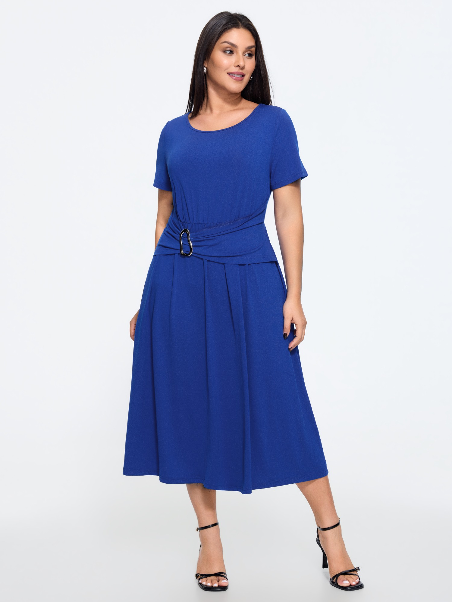Bloomchic Pleated Buckle Waist Round Neck Midi Dress In Brightblue