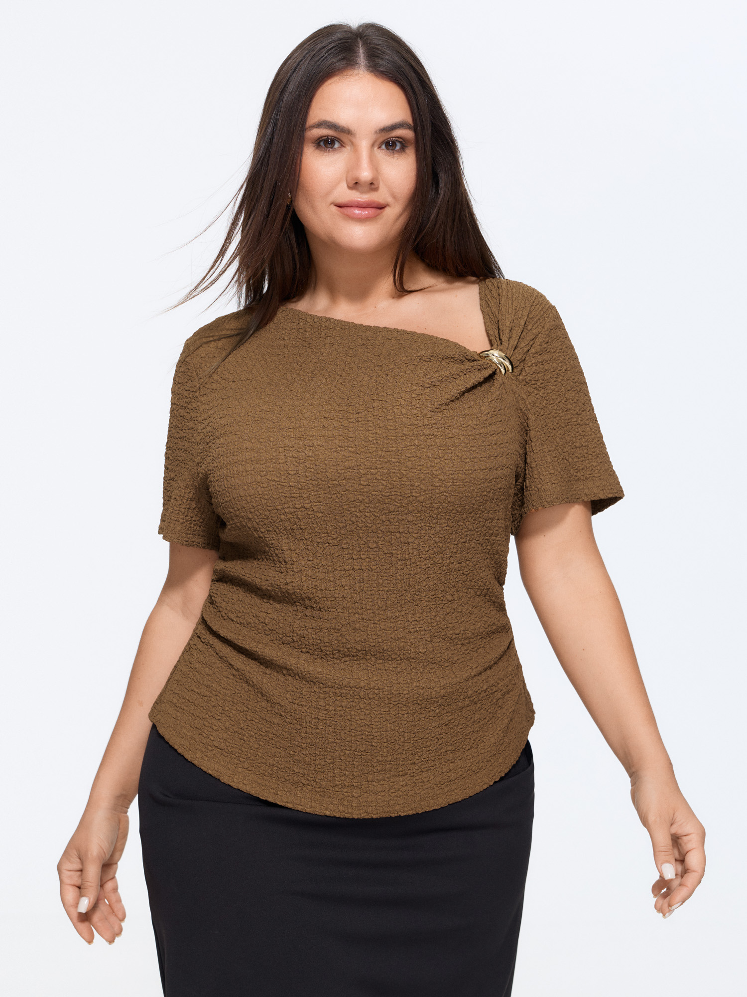 BloomChic Women's Plus Size Textured Asymmetrical Neck Metallic Buckle Top Yellowishbrown Short sleeve Office Asymmetrical Neckline 10/M