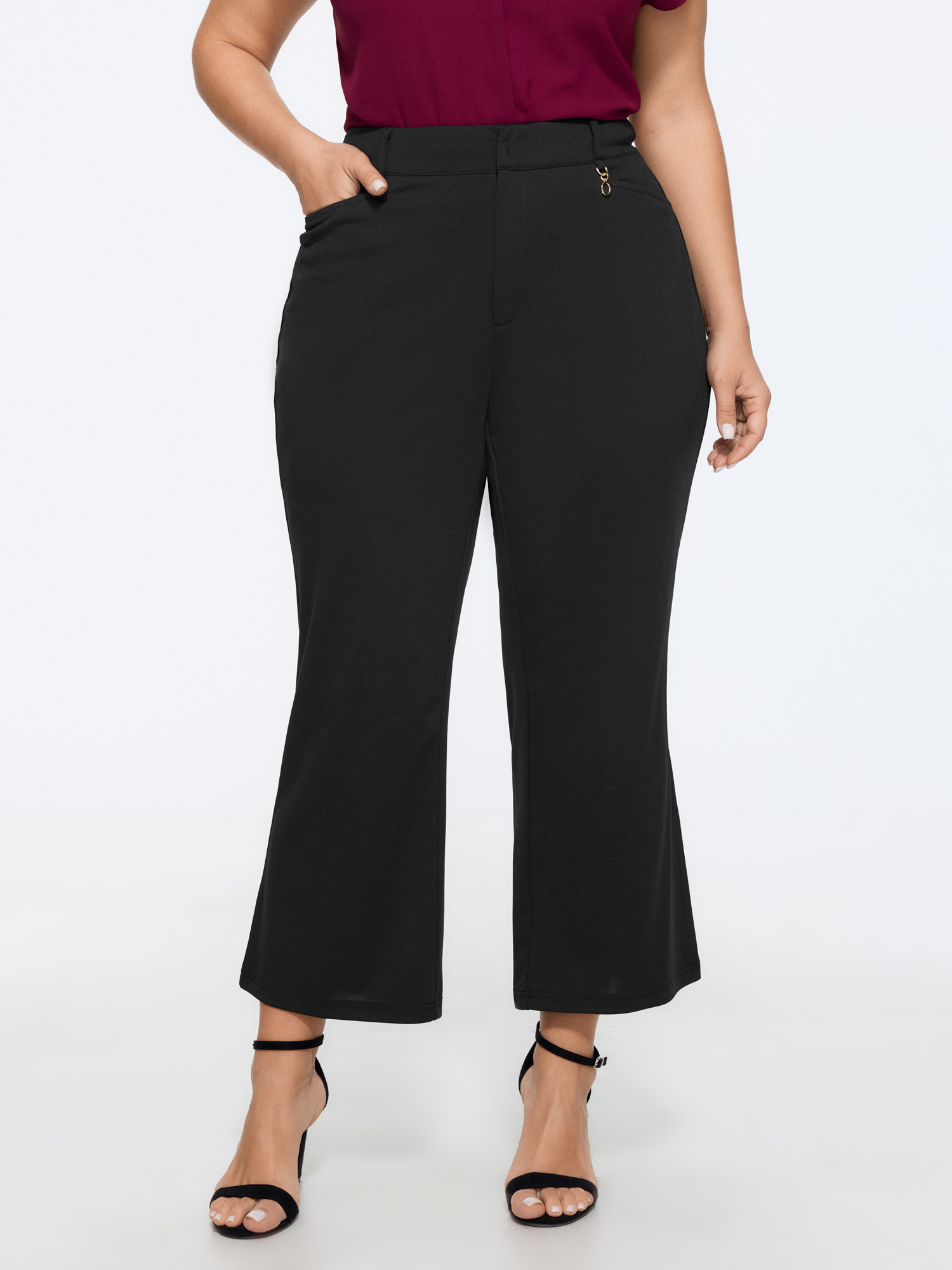 Bloomchic High Waist Pocket Flare Cropped Pants In Black