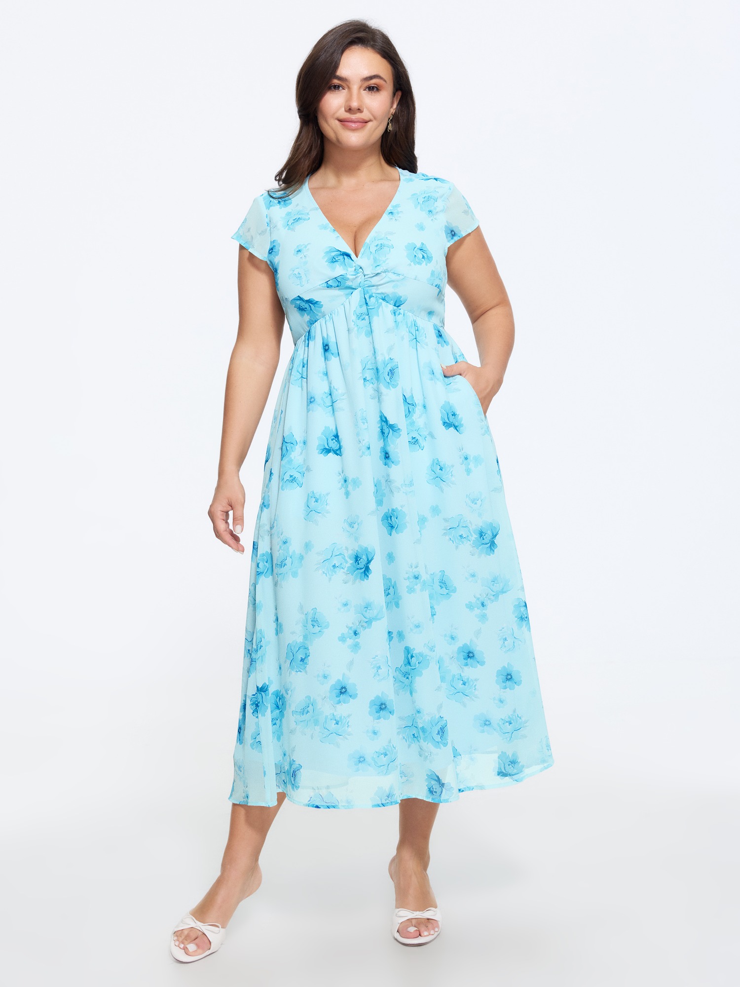 Bloomchic Floral Print Twist Front Flowy Maxi Dress In Lightblue