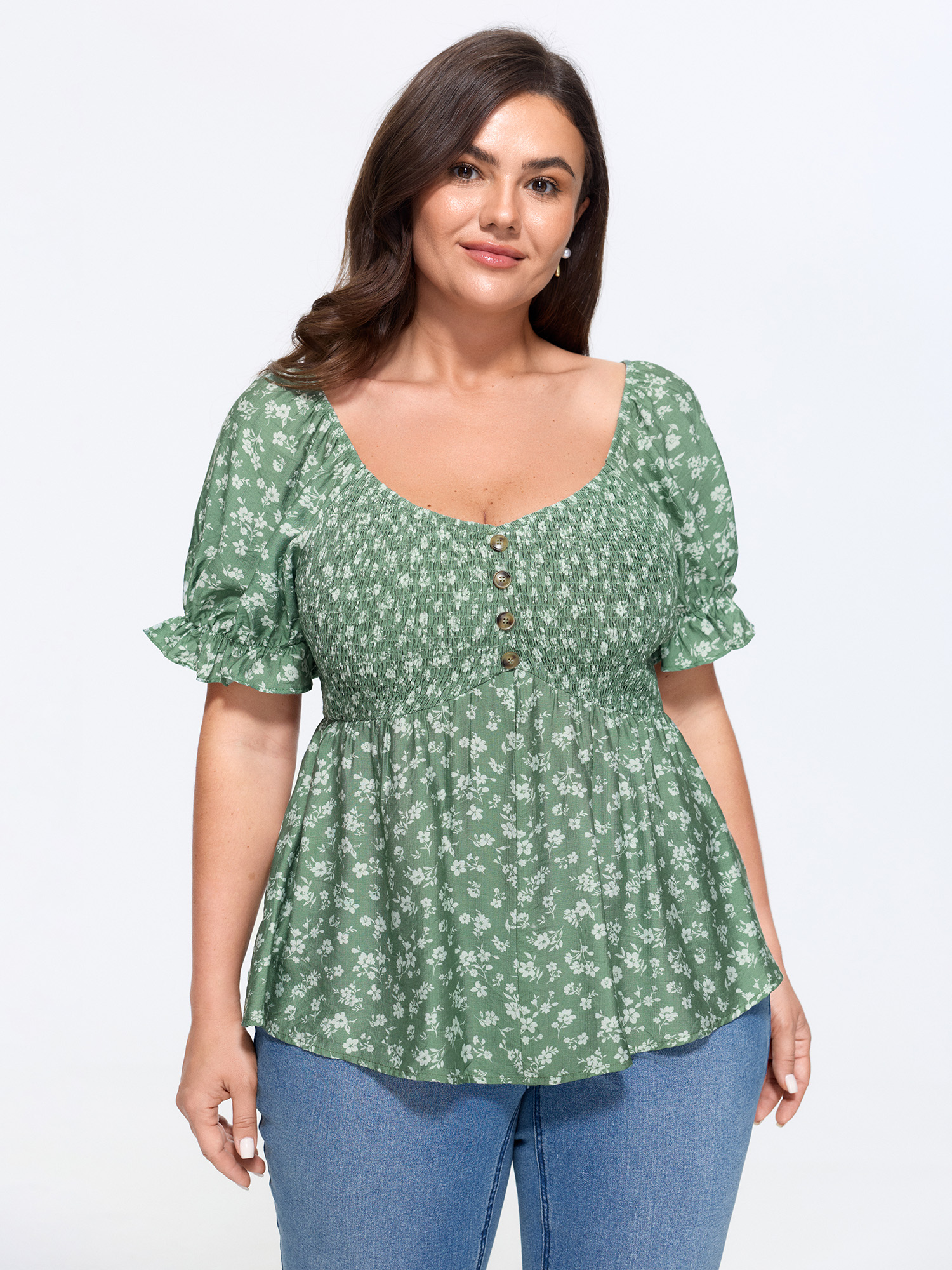 Bloomchic Floral Print Shirred Fit And Flare Blouse In Turquoise