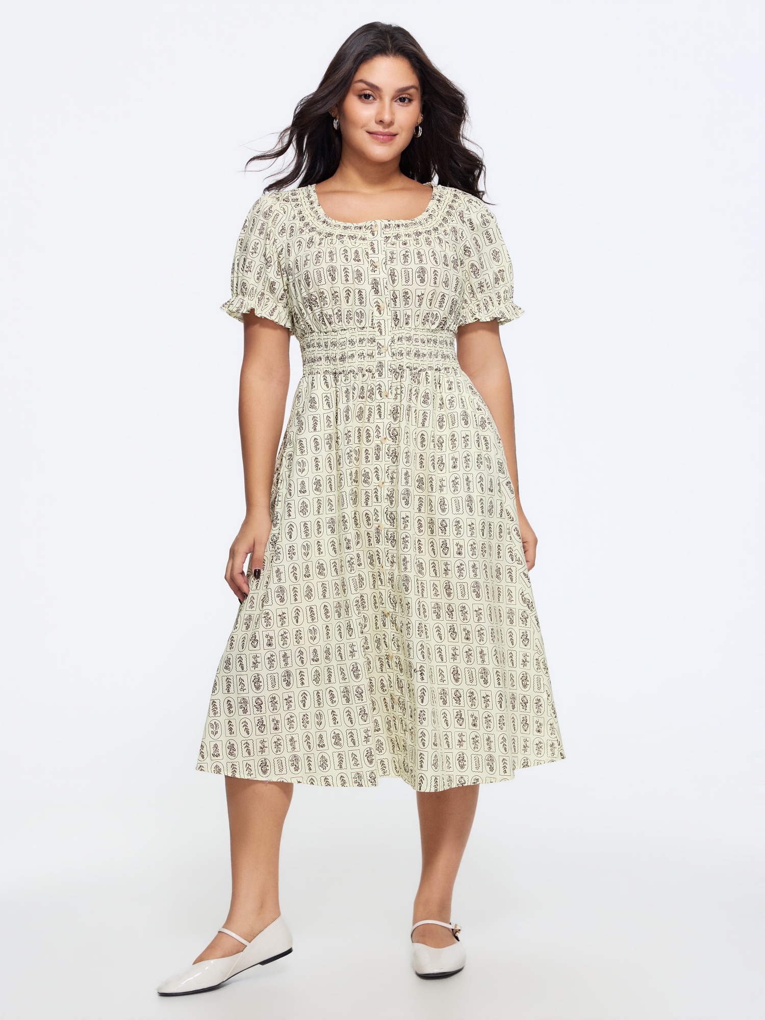 Bloomchic Geometric Print Shirred Waist Midi Dress In Tan