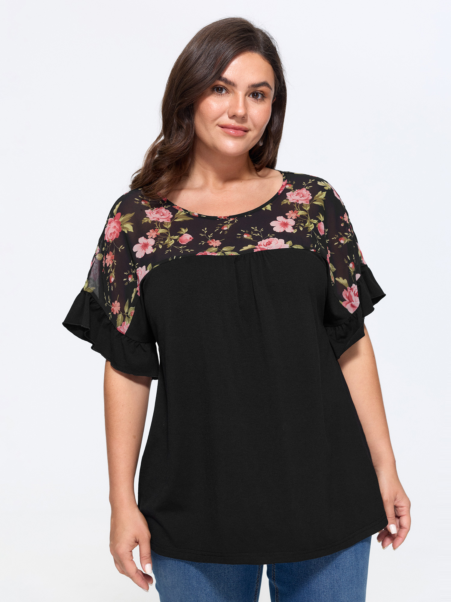 BloomChic Women's Plus Size Supersoft Floral Print Ruffle Sleeve Patchwork Top Black Short sleeve Everyday-Elegant Round Neck 10/M