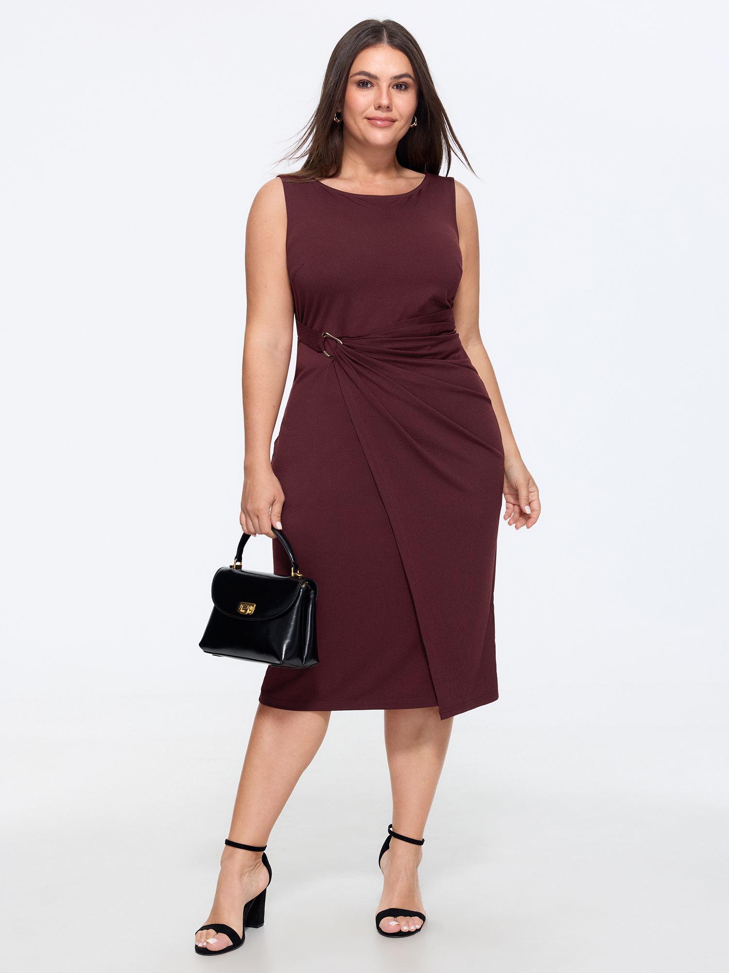 BloomChic Women's Plus Size Metallic Buckle Draped Waist Midi Dress Plum Solid Midi Office Wrap / Overlap 22-24/3X