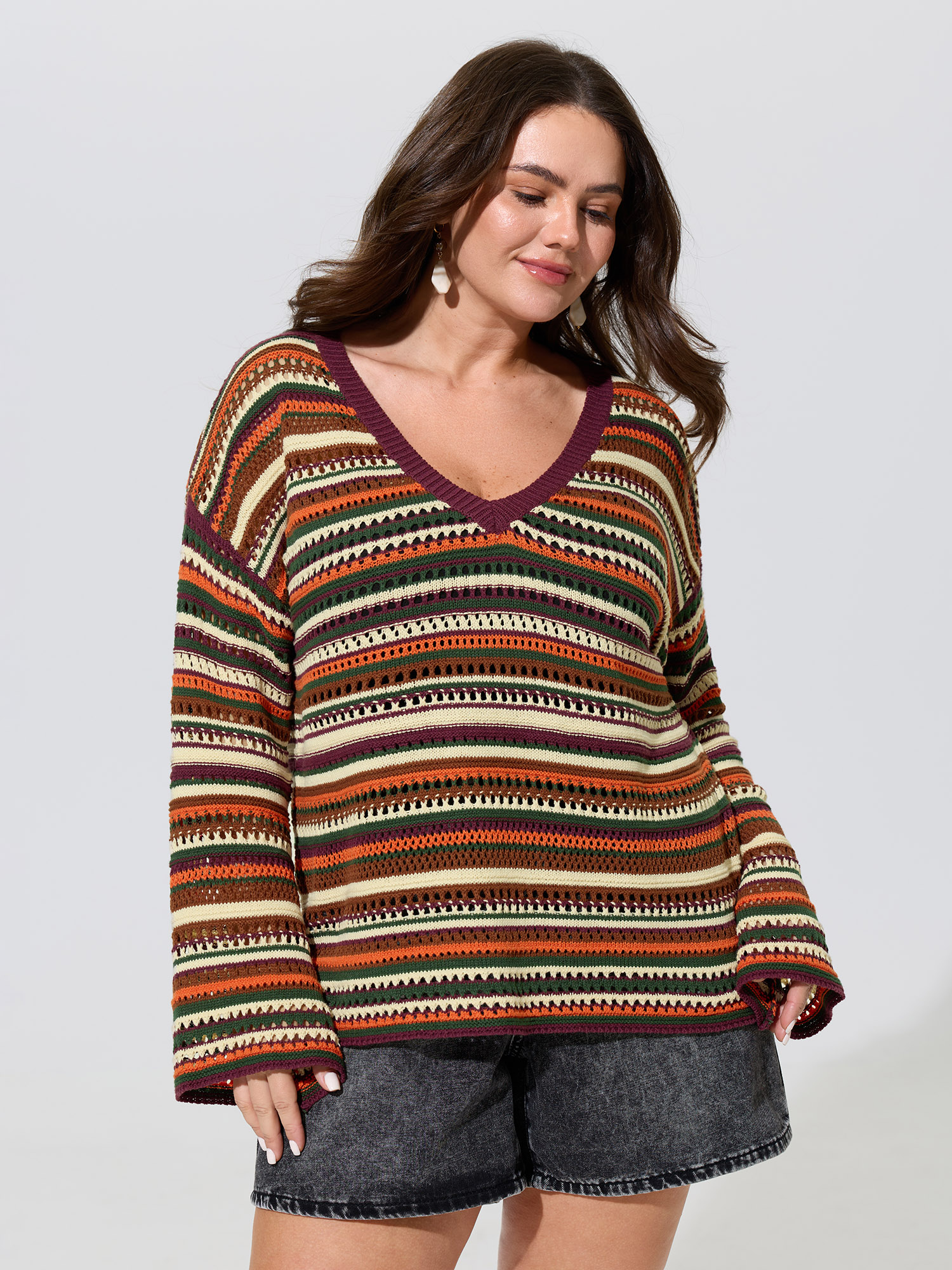 BloomChic Women's Plus Size Multi-Color Stripe Hollow V-Neck Pullover Plum Long Sleeve V-Neck 12/L