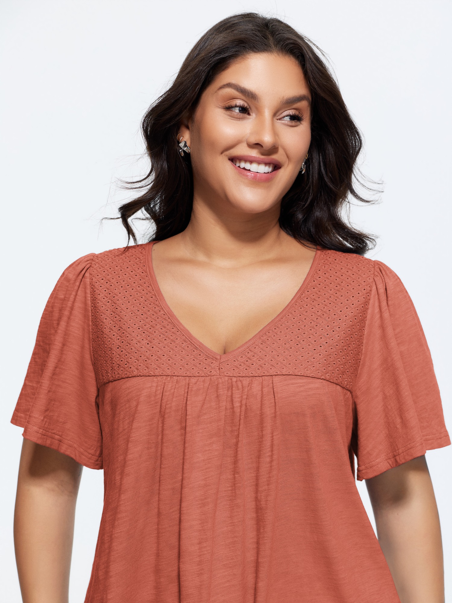BloomChic Plus Size Cotton Ruffled Sleeve V-Neck T-Shirt - Women's Russet Solid Round Neck Comfort Midsection Fit Long Sleeve Playful T-shirts 14/M
