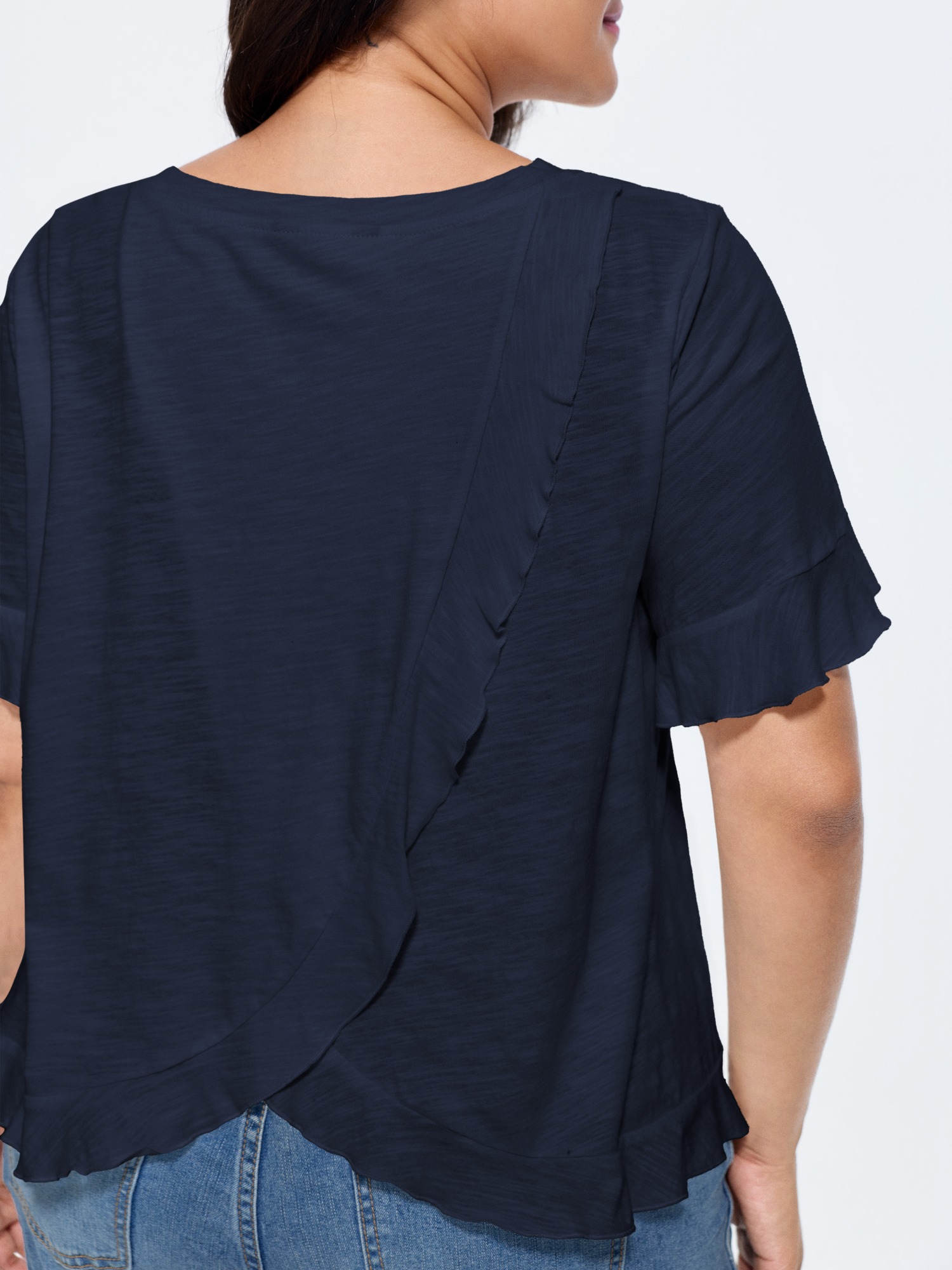 BloomChic Women's Plus Size Cotton Overlap Back Sheer Ruffled T-Shirt Midnight Solid Everyday-Casual Short sleeve Round Neck 10/M
