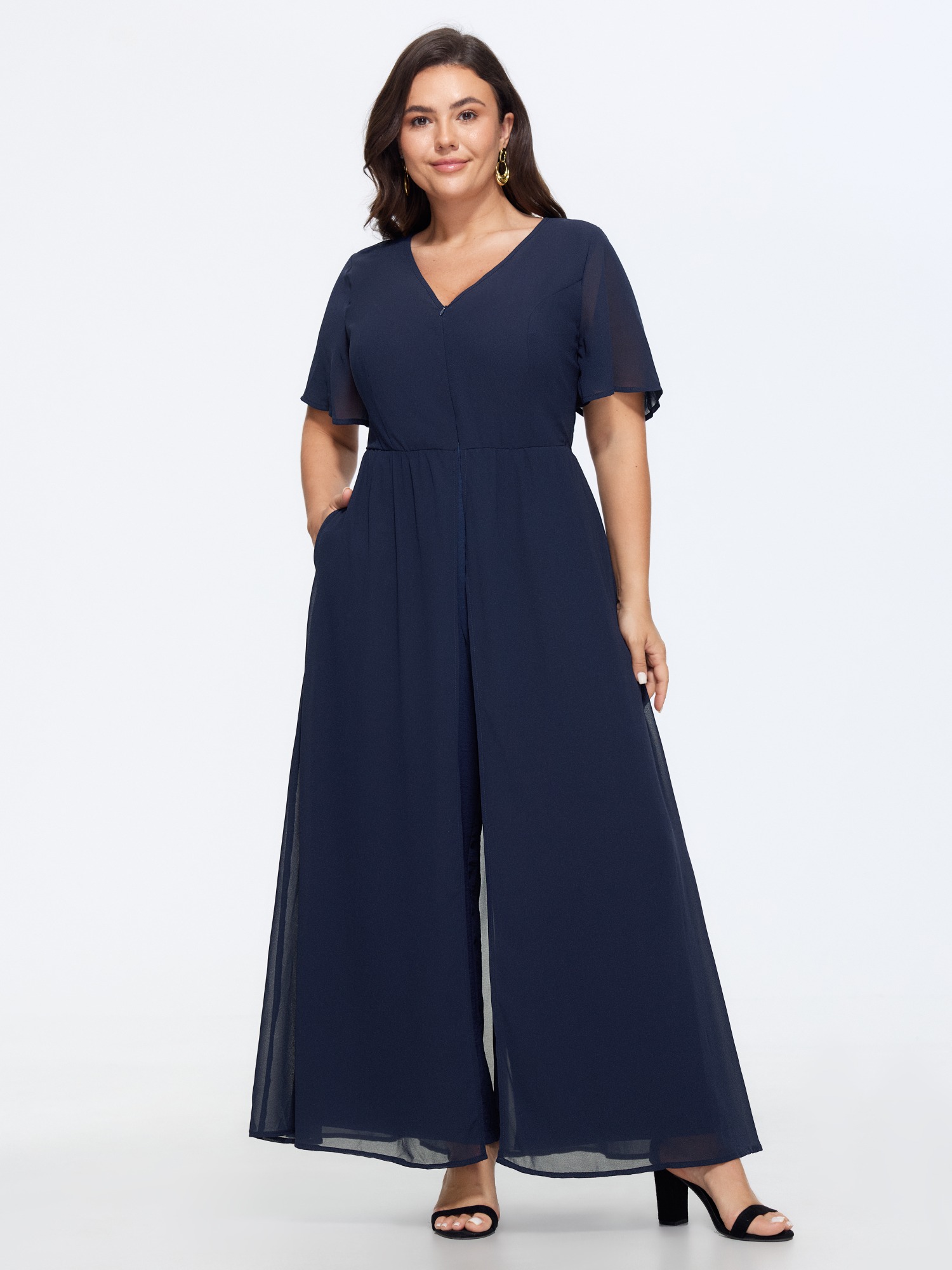 BloomChic Plus Size Hidden Zipper Layered Pockets Jumpsuit - Curve Women's Indigo Playsuit - Comfort Midsection Fit Hidden Pocket Wide leg Jumpsuits 14/M