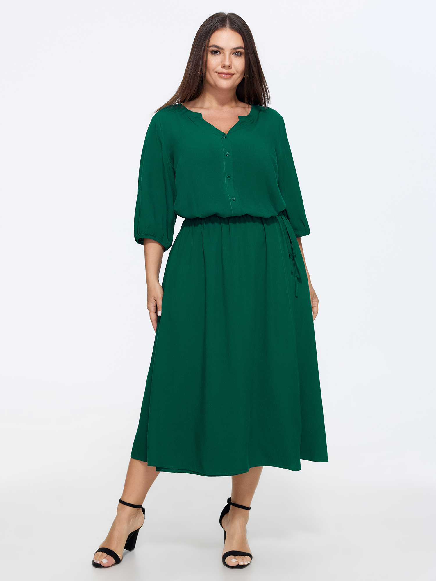 BloomChic Women's Plus Size Solid Notch V Neck Drawstring Waist Midi Dress Cyan Solid Midi Office 10/M