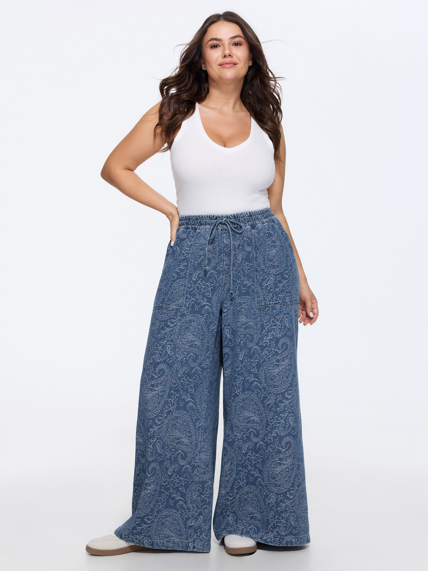 BloomChic Plus Size Washed Paisley Print Drawstring Wide Leg Jeans - Curve Women's Denimlightblue High Rise Wide leg Patch pocket Jeans 14/M - Supersoft Knit Denim