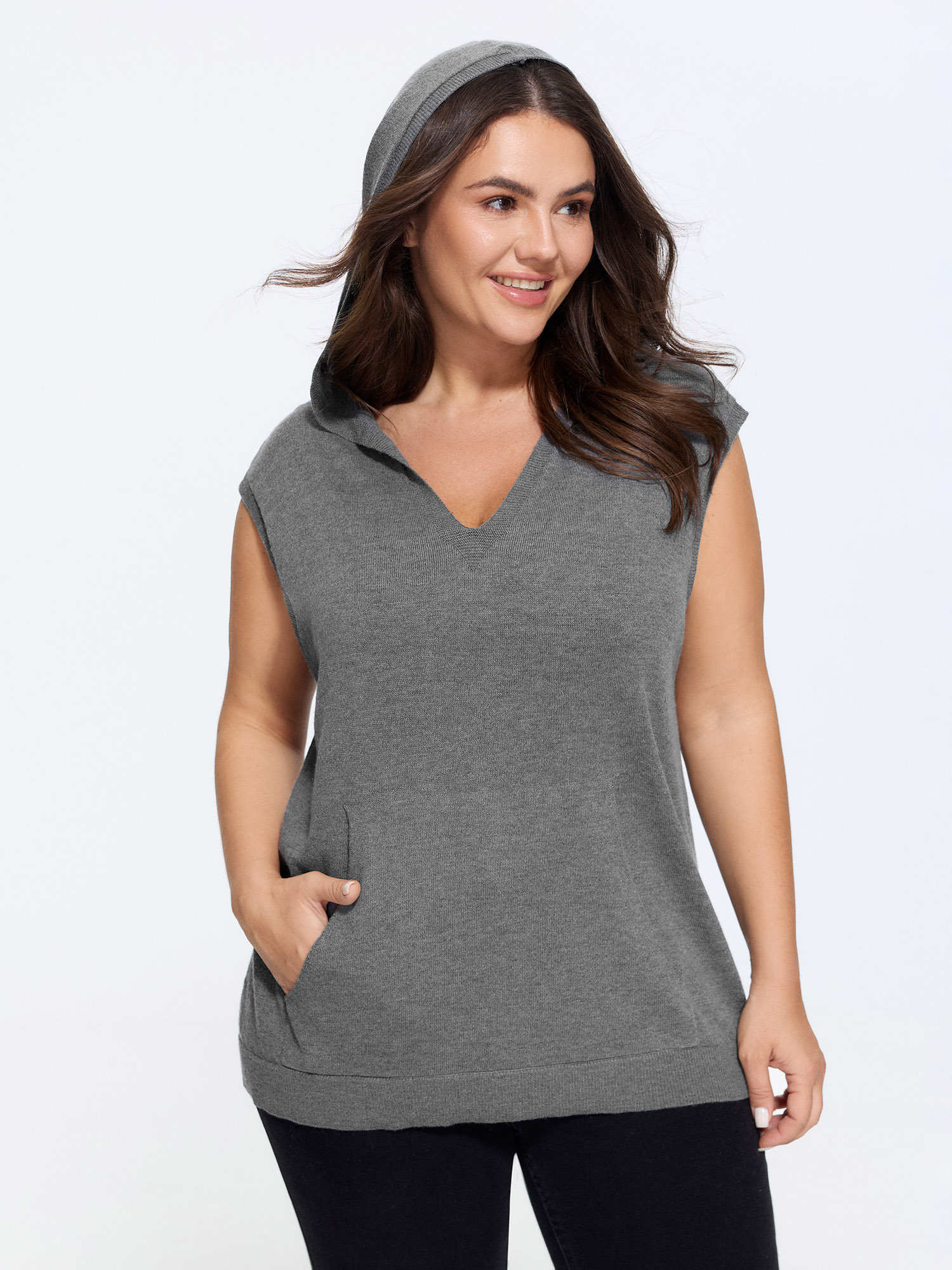 BloomChic V Neck Hooded Pocket Sleeveless Sweater Vest Women's Plus Size Women DarkGray V-Neck 10/M