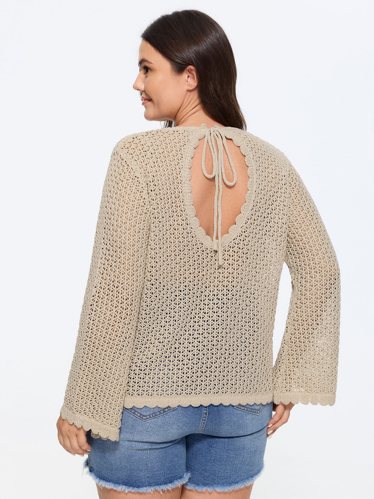 Bloomchic Sheer Hollow Out Back-tie Cardigan In Tan