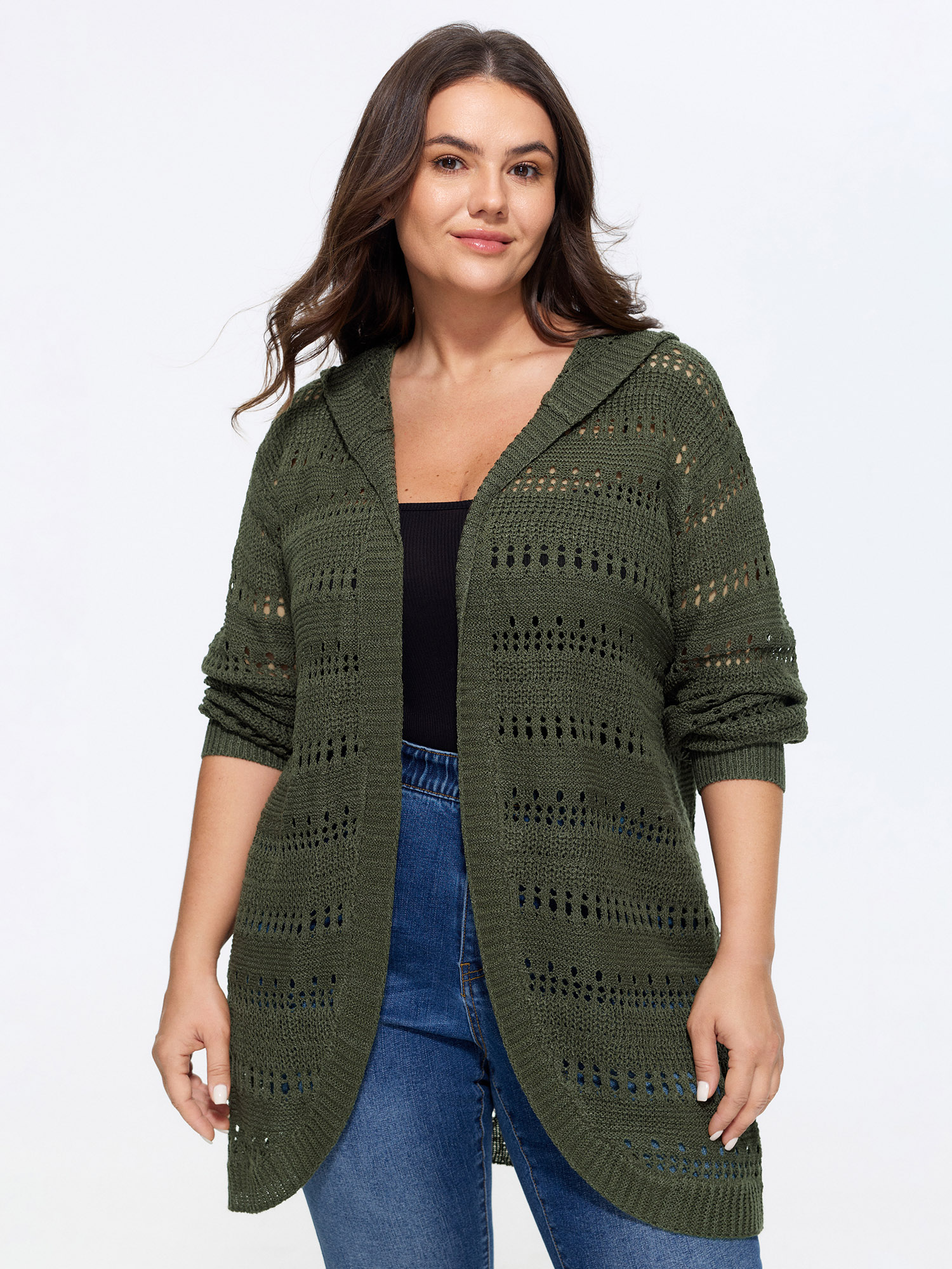 Bloomchic Hooded Open Front Cut Out Long Cardigan In Armygreen