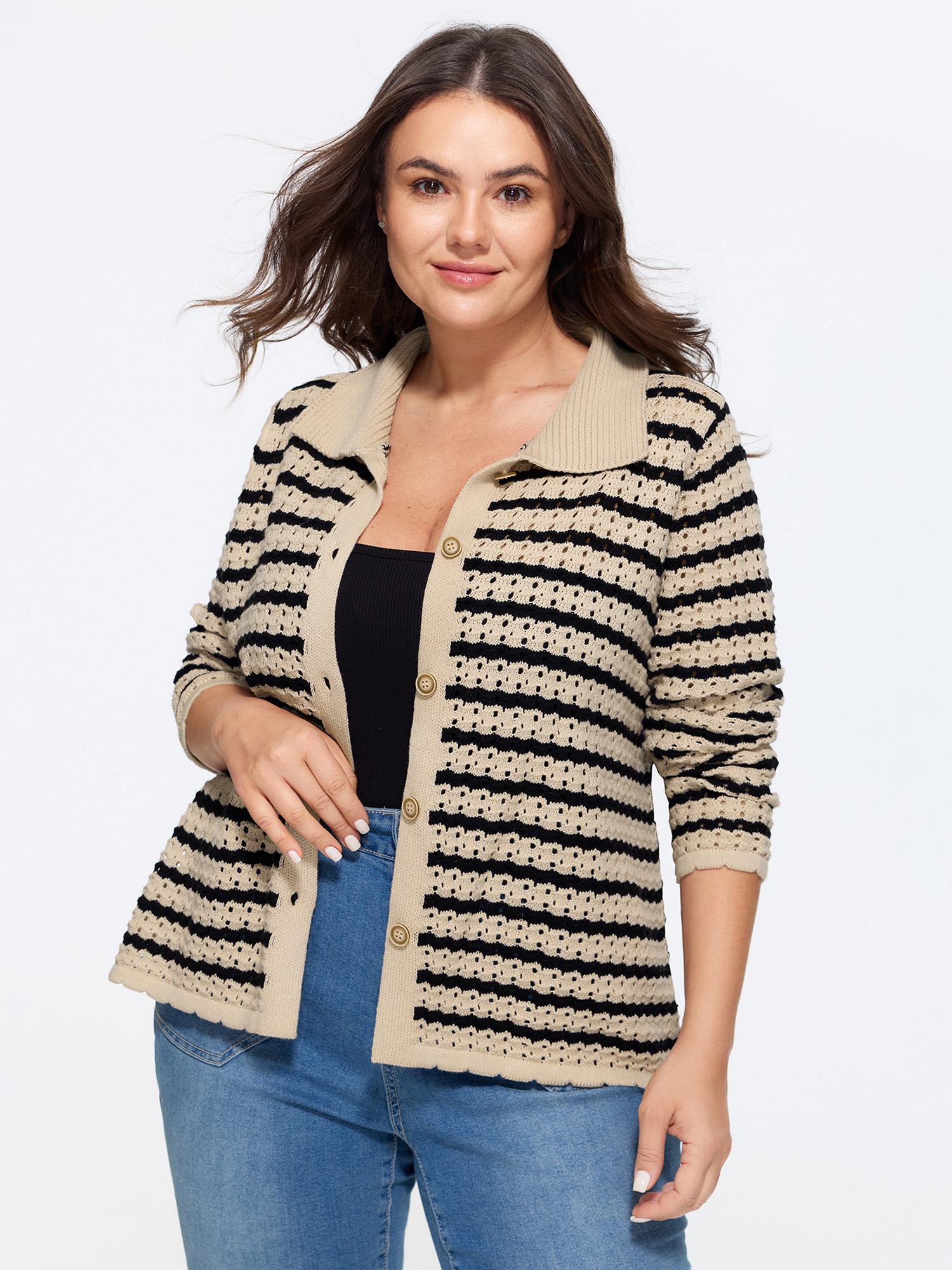 Bloomchic Striped Hollow Collared Button Front Cardigan In Apricot