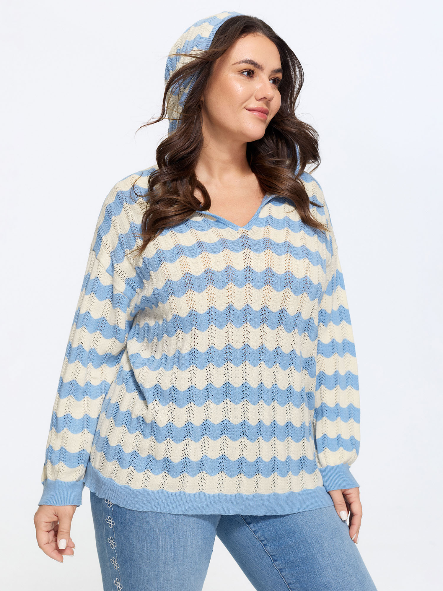BloomChic Women's Plus Size Wavy Stripe Hollow Hooded Pullover LightBlue Long Sleeve V-Neck 10/M