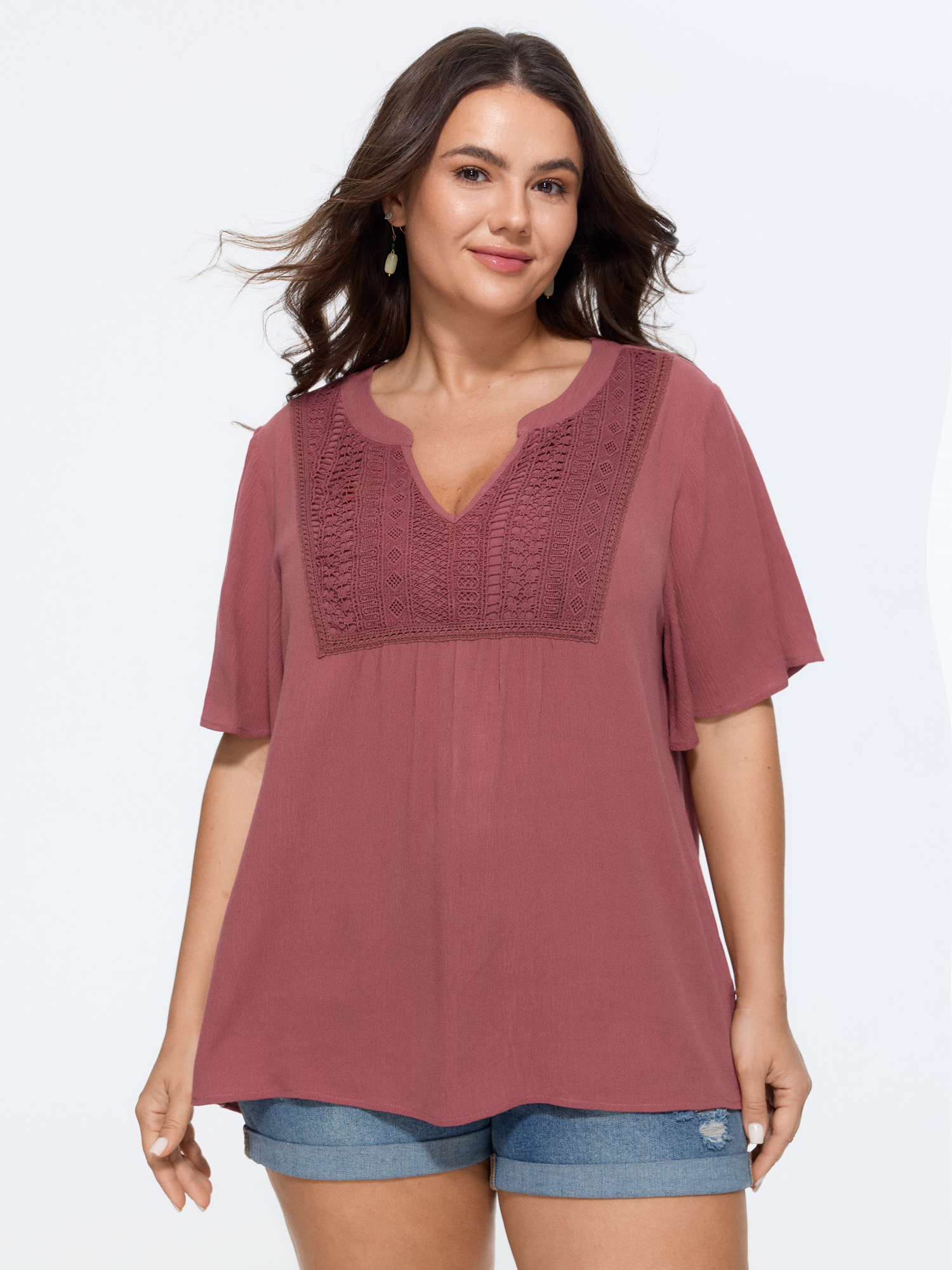 BloomChic Women's Plus Size Geometric Hollow Embroidery Ruffle Sleeve Blouse Russet Solid Everyday-Elegant Short sleeve V-Notch Neck 10/M