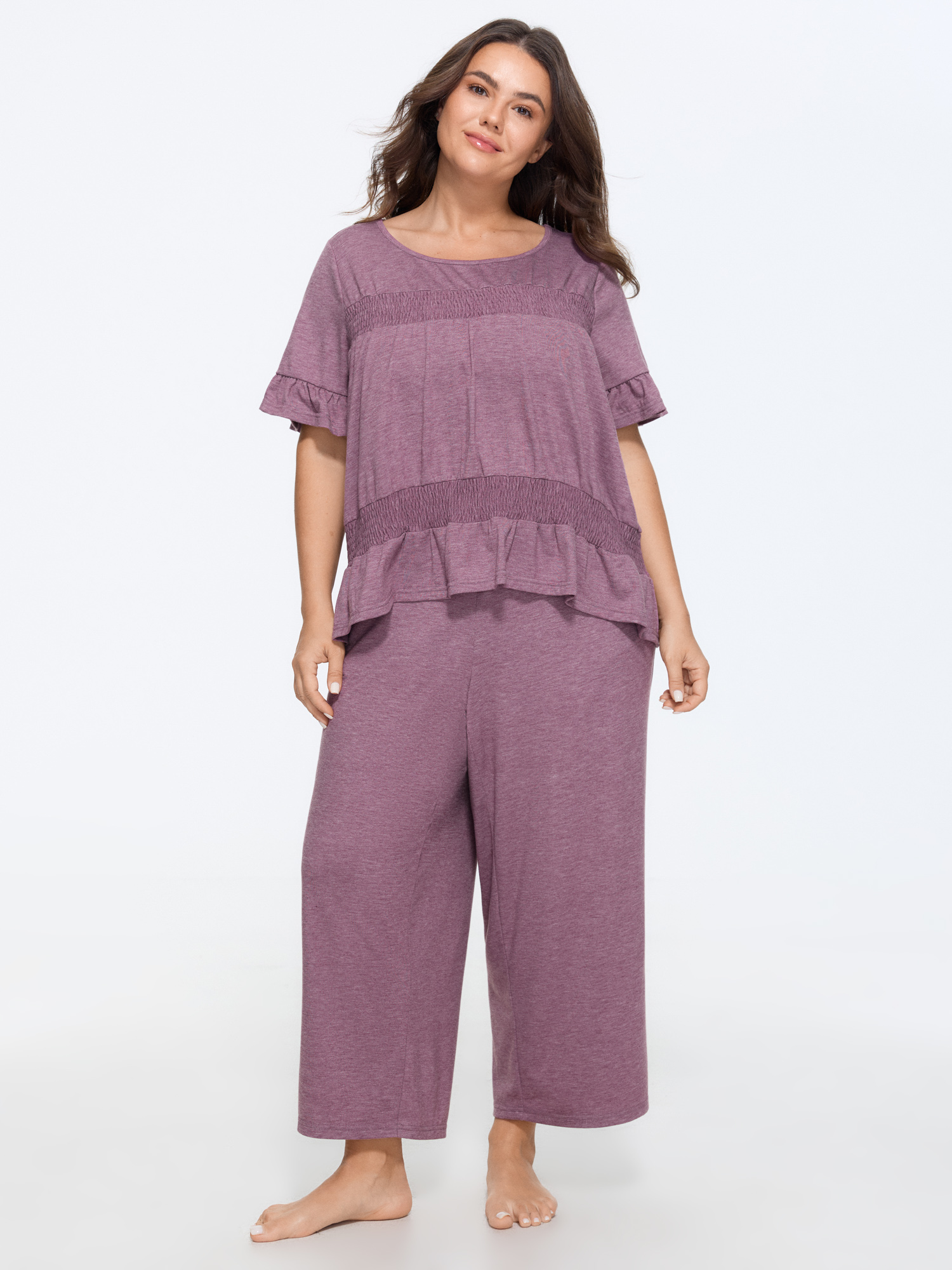 BloomChic Women's Plus Size Supersoft Round Neck Shirred Loungewear Set Mauve Solid Short sleeve Smocked 10/M