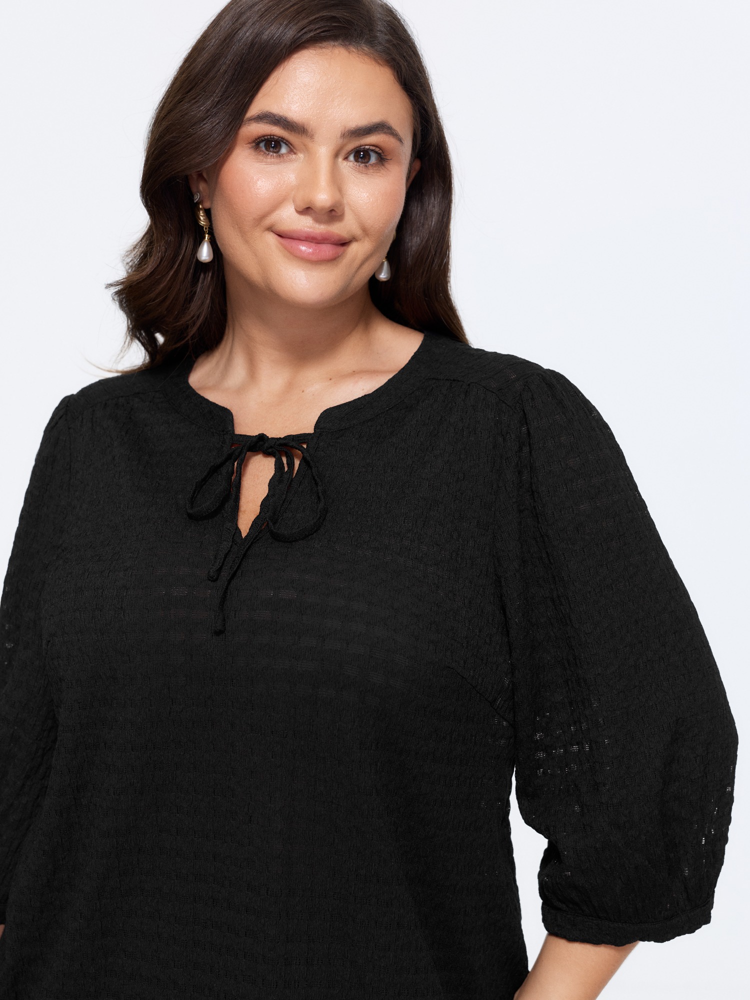 BloomChic Women's Plus Size Stretchy Crinkle Textured Neck Tie Blouse Black Solid Everyday-Elegant 3/4 Sleeve V-Notch Neck 28/5X