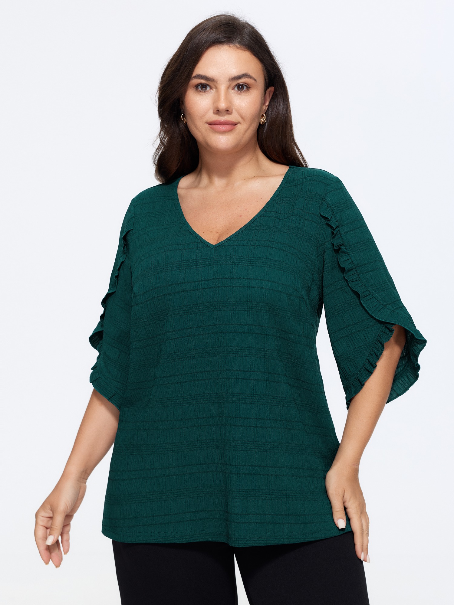 BloomChic Women's Plus Size Textured Ruffle Petal Sleeve Blouse DarkGreen Solid Everyday-Elegant 3/4 Sleeve V-Neck 10/M