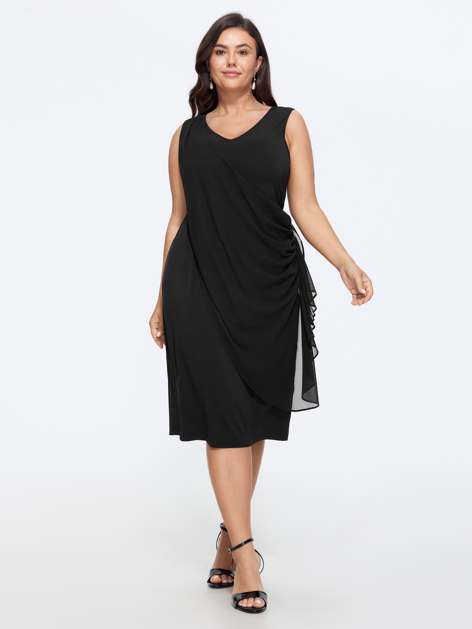 BloomChic Women's Plus Size Mesh Ruffle Side Drawstring Bodycon Midi Dress Black Solid Length Everyday-Elegant Tiered 30/6X