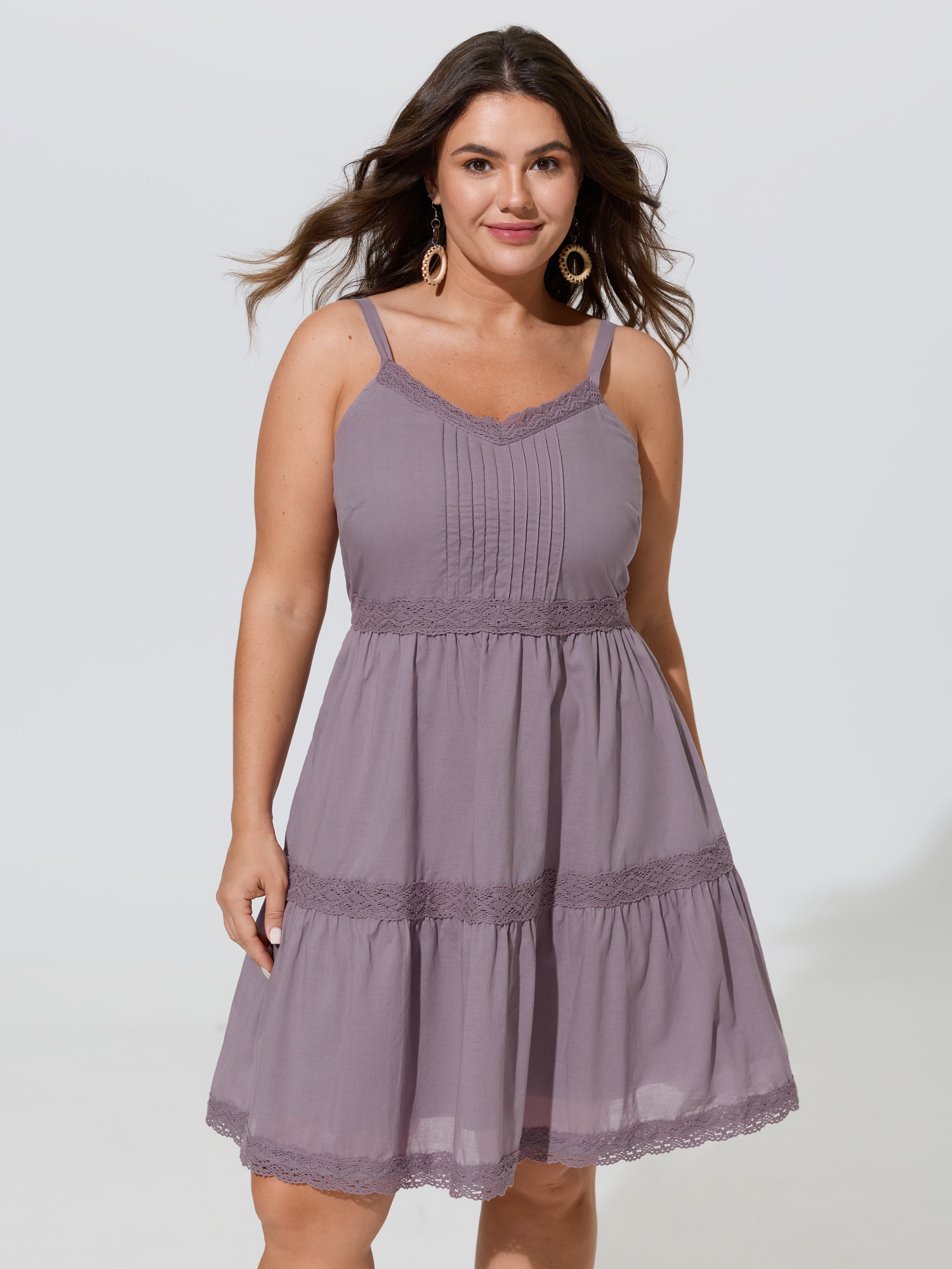 BloomChic Women's Plus Size Cotton Pleated Lace Neckline Sleeveless Mini Dress Mauve Solid Knee Length Vacation Patchwork 22-24/3X