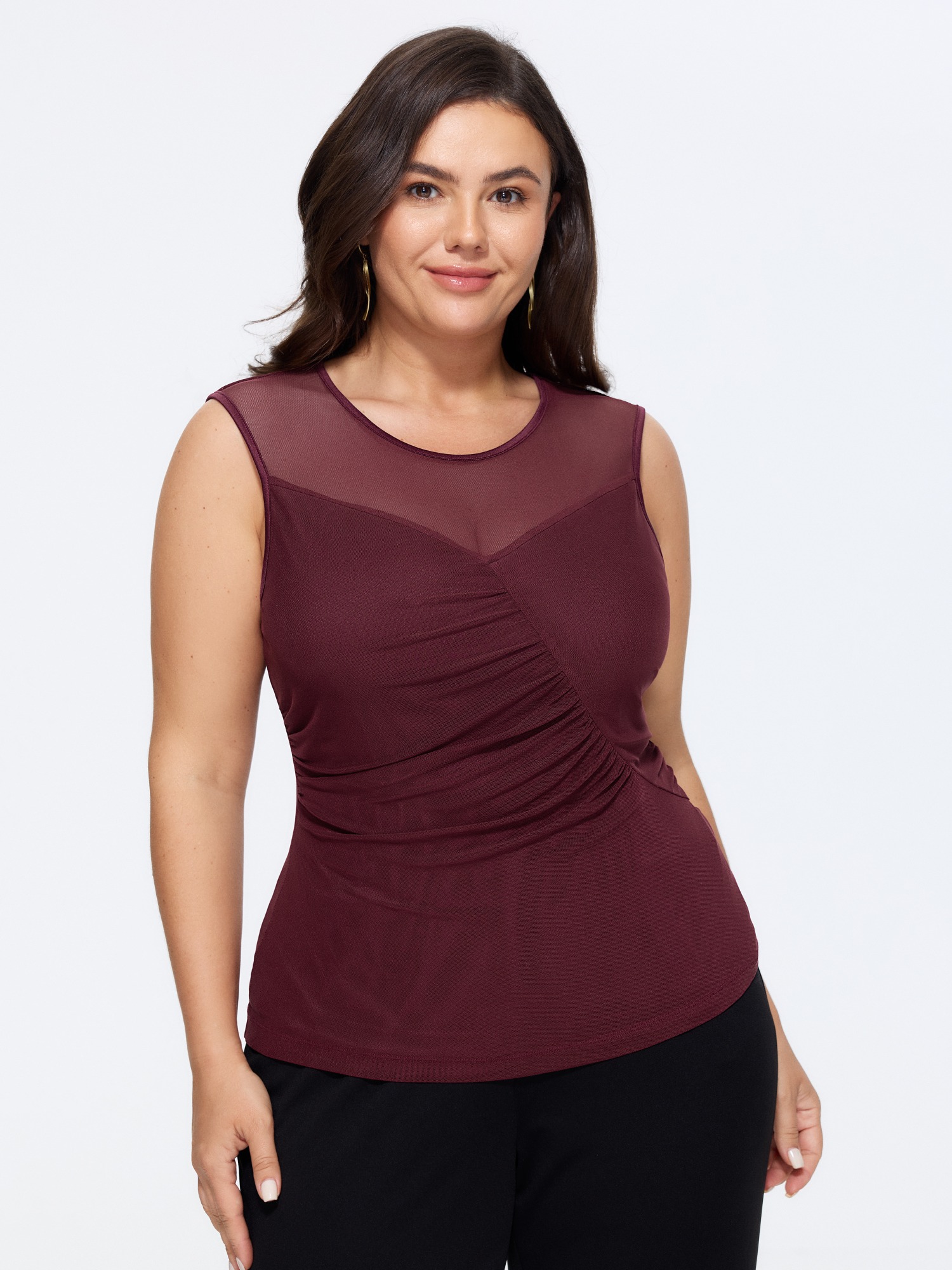 BloomChic Women's Plus Size Solid Sheer Mesh Ruched Tank Top Burgundy Everyday-Elegant Fitted Sheath Cold Shoulder 10/M