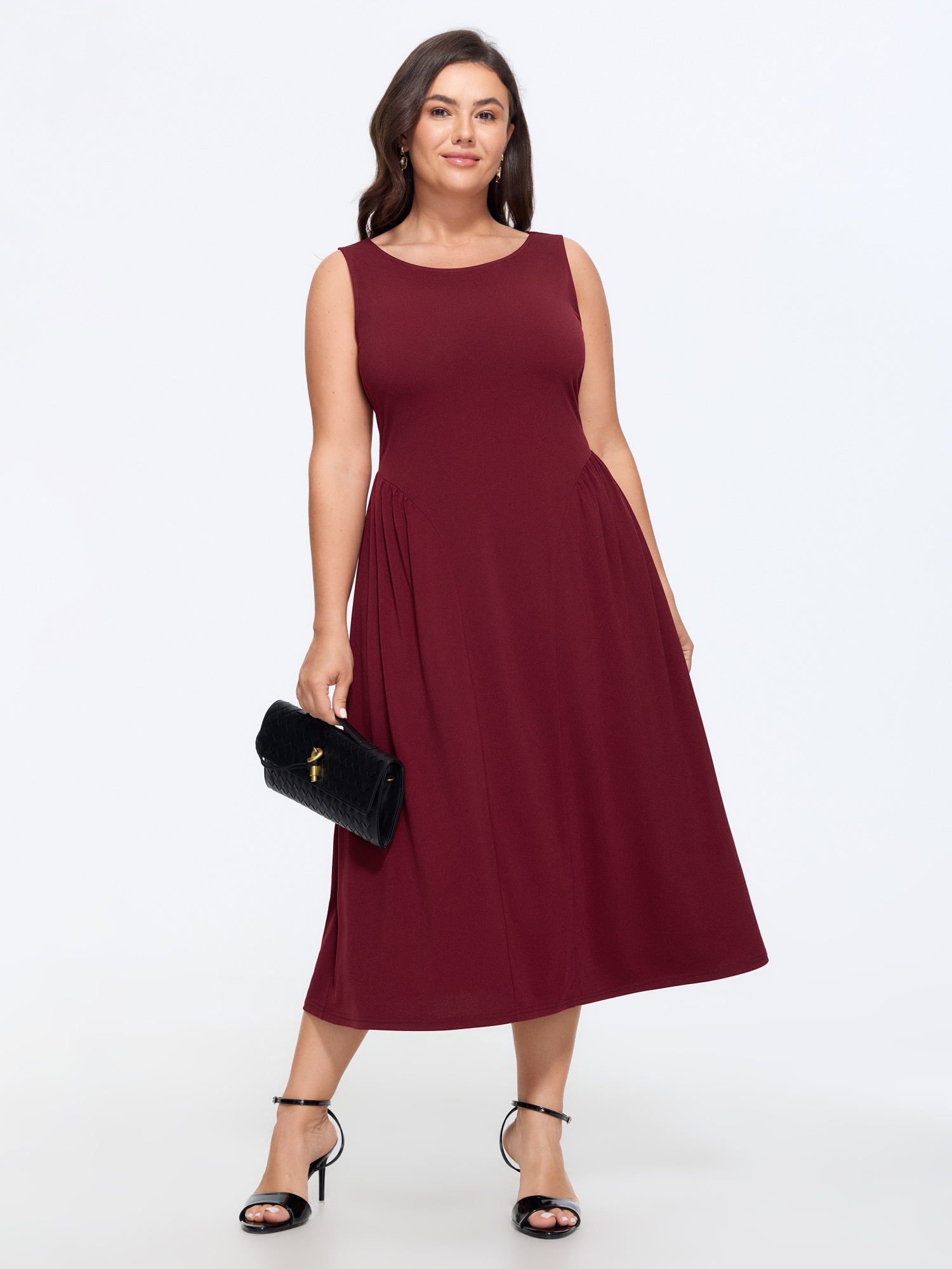 BloomChic Plus Size Stretchy Solid Side Ruched Sleeveless Midi Dress - Curve Ladies Burgundy Elegant Sleeveless Solid Daily Dresses 14/M