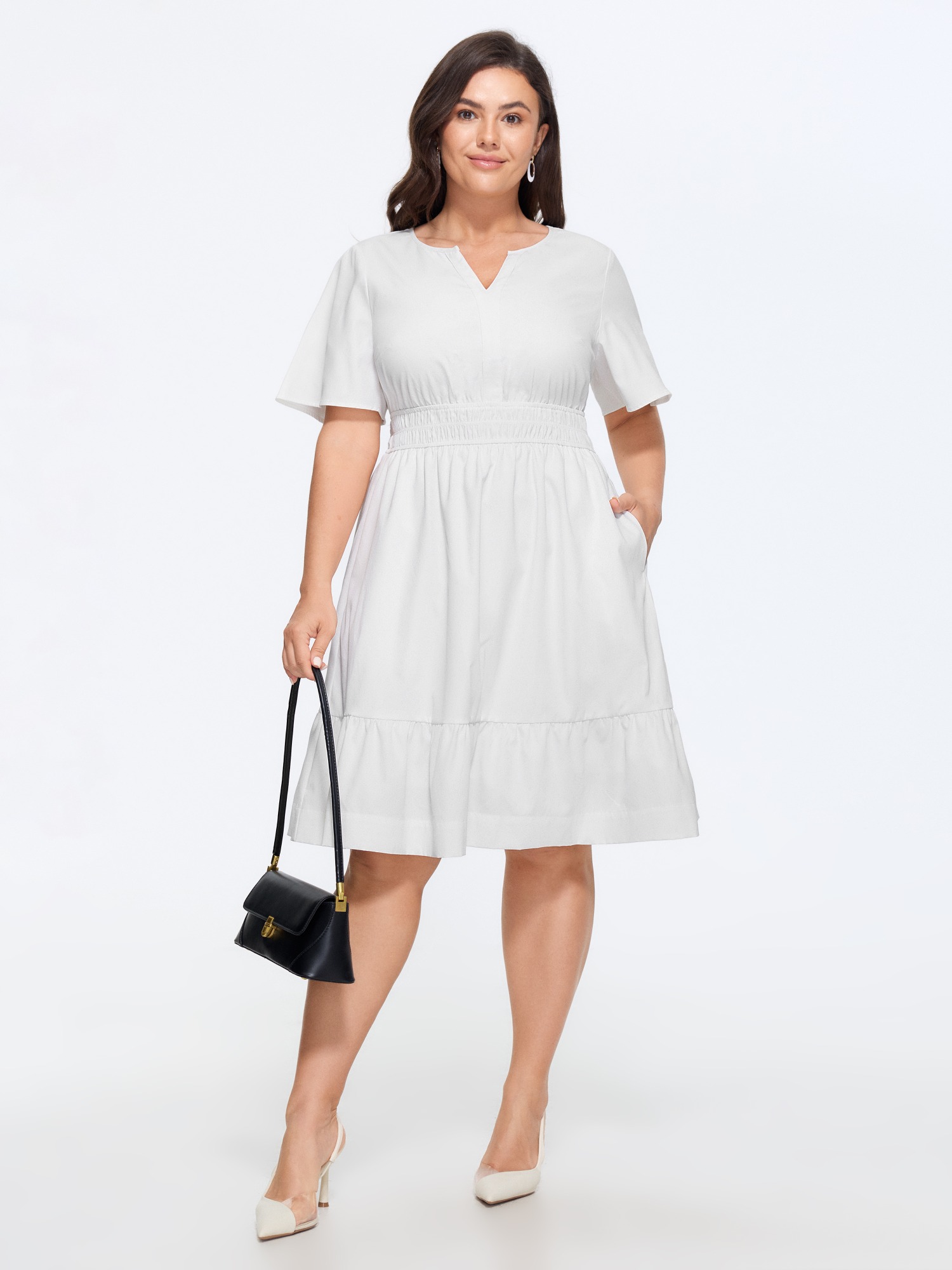 BloomChic Plus Size Notched Collar Shirred Waist Pocket Mini Dress - Curve Ladies Originalwhite Elegant Short sleeve Solid Hidden Pocket Daily Dresses 14/M