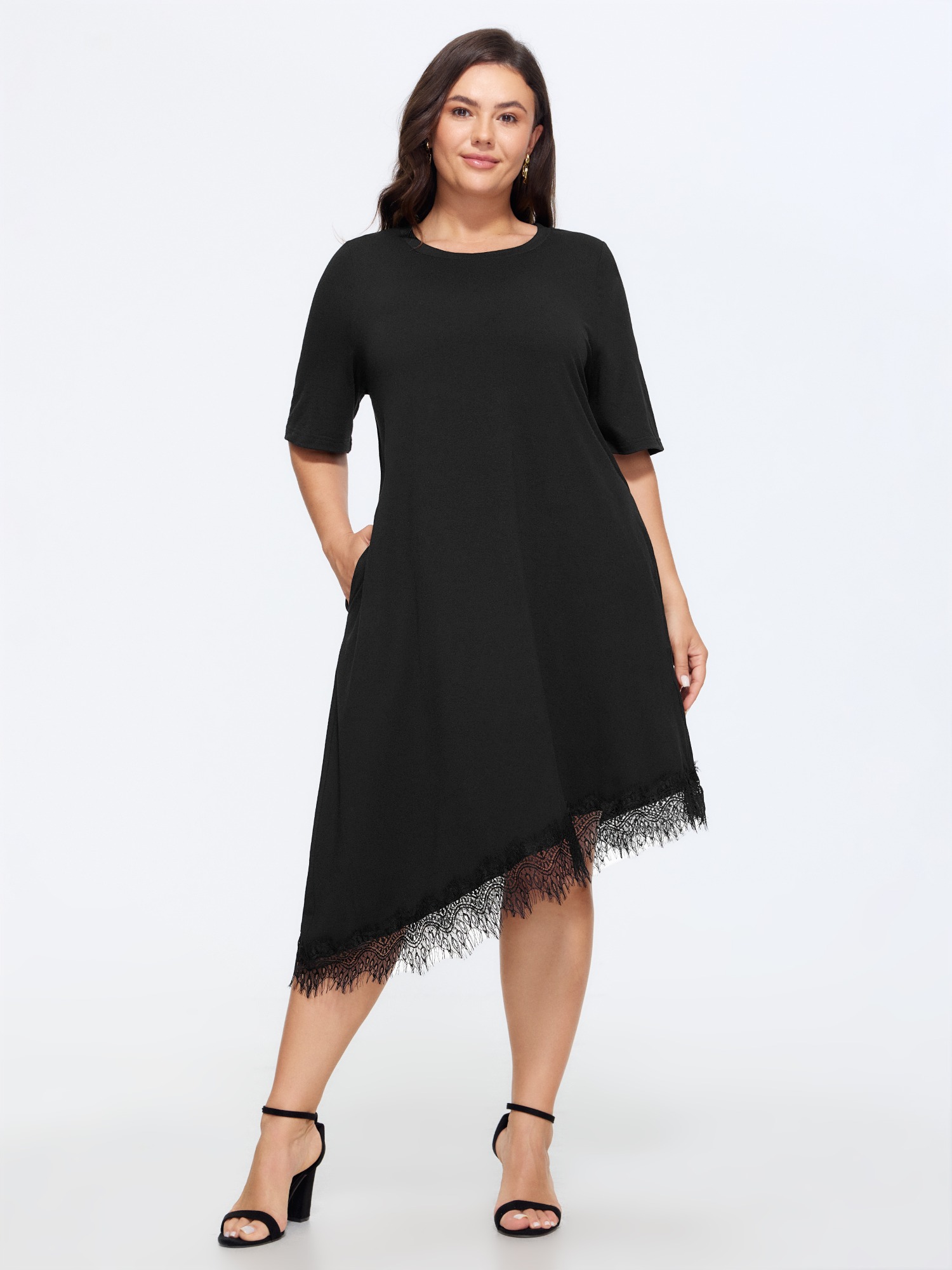 BloomChic Women's Plus Size Supersoft Asymmetrical Lace Hem Midi Dress Black Solid Midi Everyday-Elegant 14-16/1X