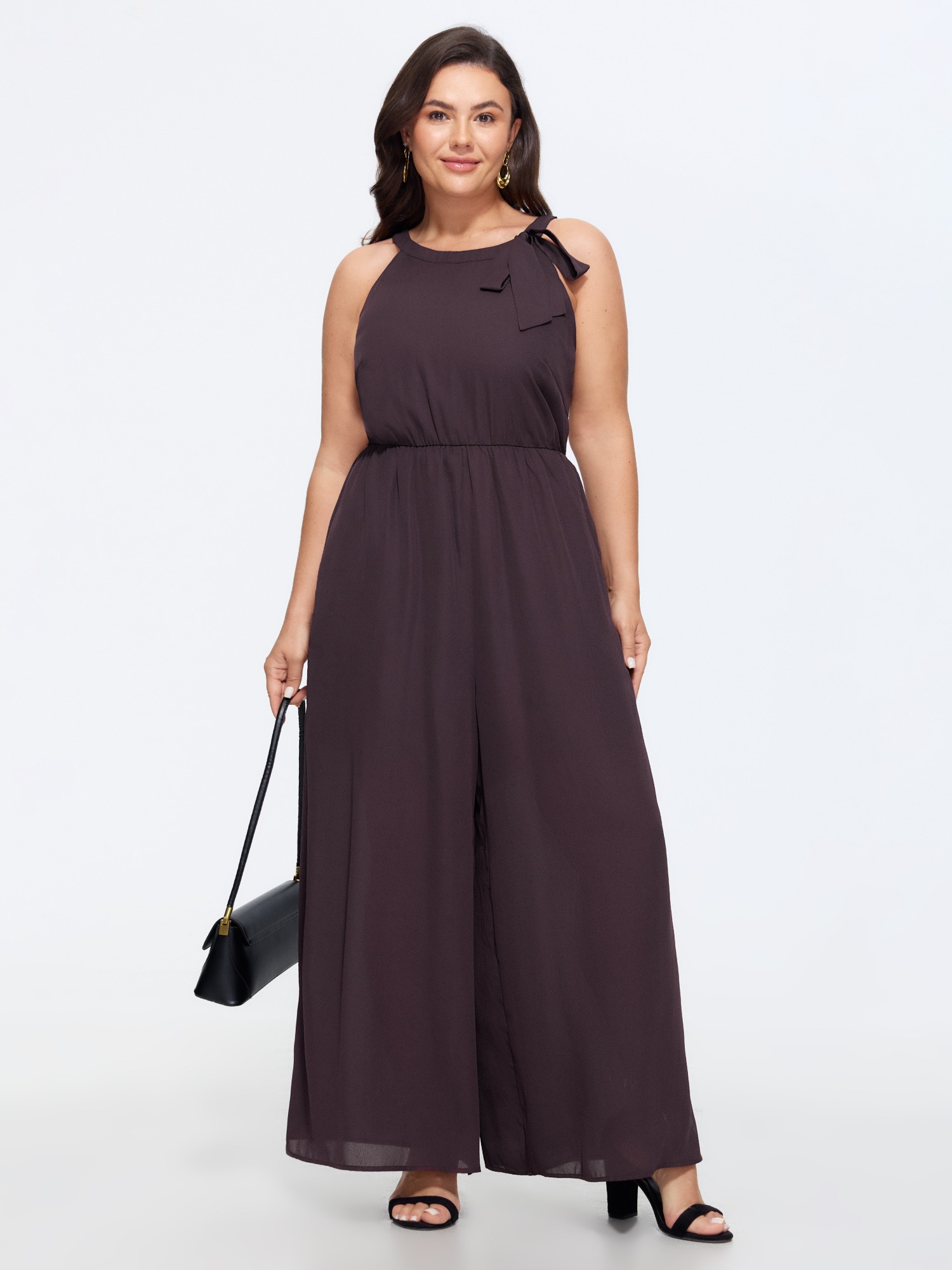 BloomChic Plus Size Solid Sheer Bow Halter Neck Wide Leg Jumpsuit - Curve Women's Browncoffeecolor Playsuit - Hidden Pocket Wide leg Jumpsuits 14/M