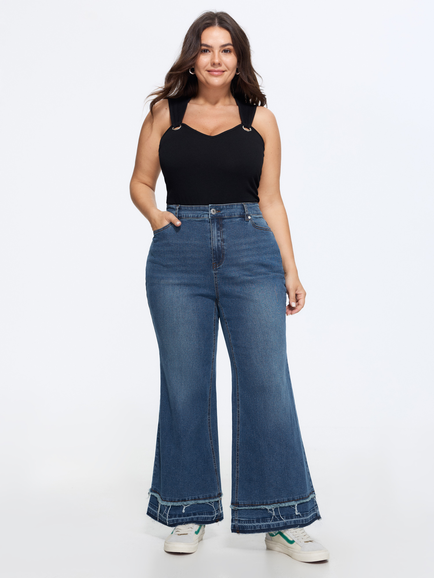 BloomChic Women's Plus Size Stretchy Layered Hem High-Rise Flared Jeans Bluevintage Colorblock Flared 10/M