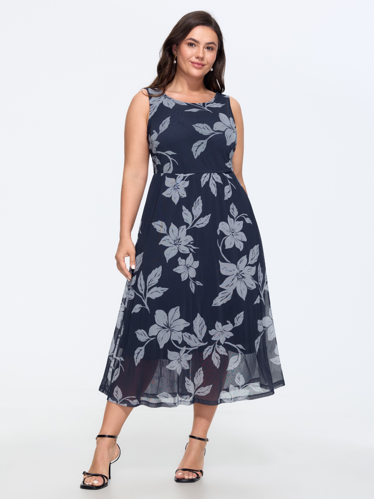 BloomChic Women's Plus Size Floral Print Mesh Sleeveless Midi Dress DarkBlue Floral Midi Everyday-Elegant Cold Shoulder 10/M