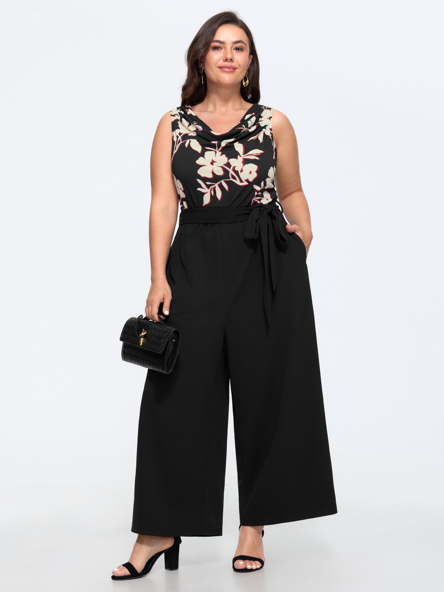 BloomChic Plus Size Floral Cowl Neck Waist Tie Wide Leg Jumpsuit - Curve Women's Black Playsuit - High-Waisted Side Pocket Straight fit Jumpsuits 16/L