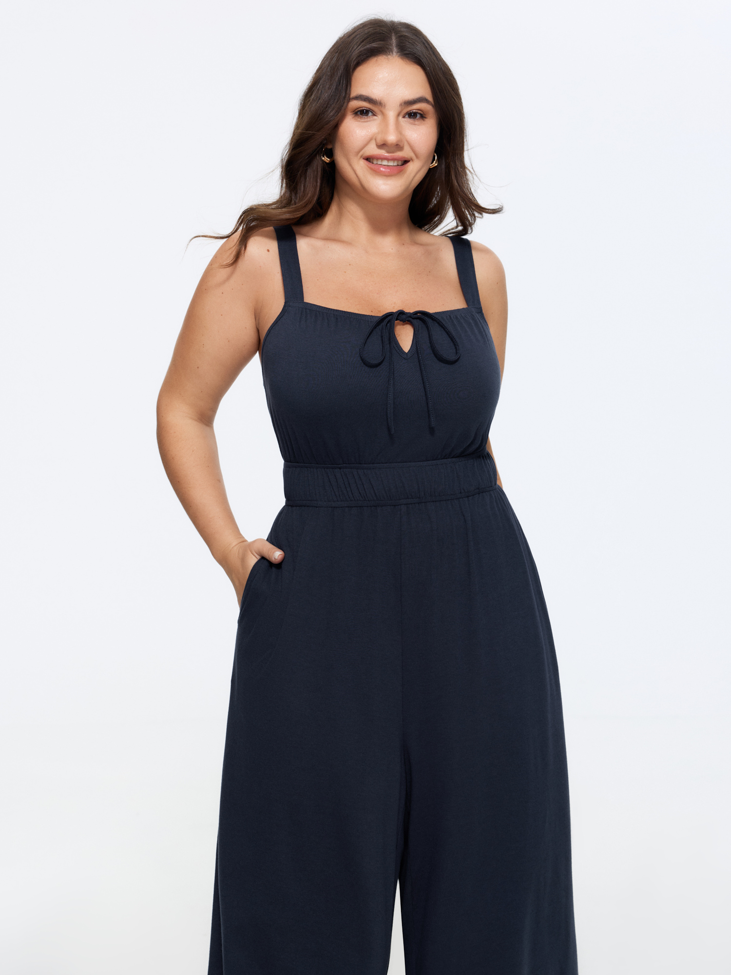 Bloomchic Supersoft Drawstring Neckline Plain Jumpsuit In Blue