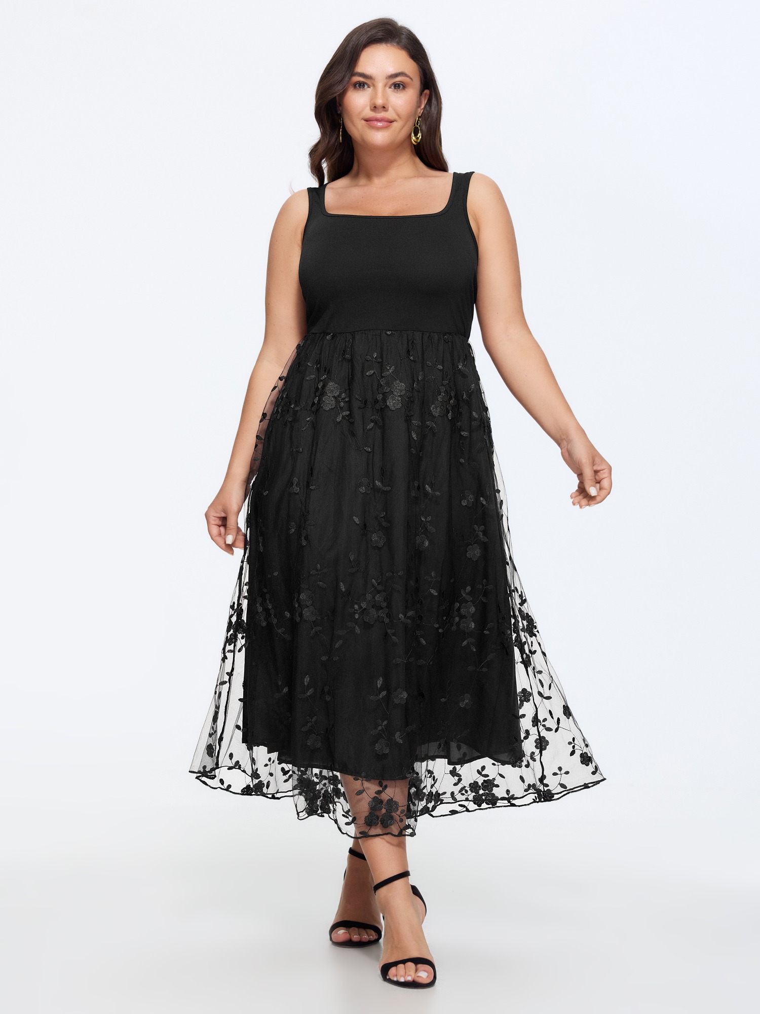 BloomChic Women's Plus Size Floral Embroidered Mesh Square Neck Cami Midi Dress Black Solid Midi Everyday-Elegant Patchwork 10/M