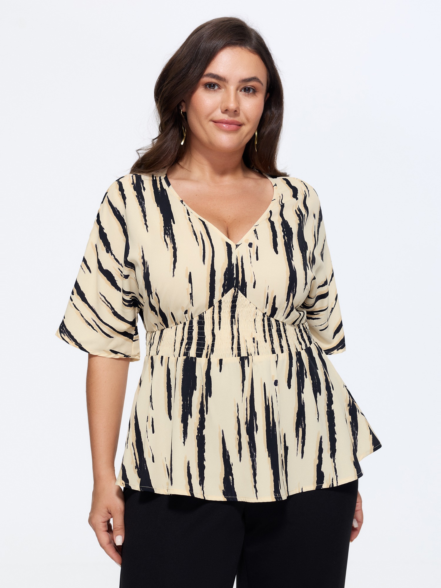 BloomChic Plus Size Abstract Print V Neck Shirred Waist Peplum Blouse - Women's Apricot Tie-dye V-Neck Short sleeve Elegant Blouses 14/M