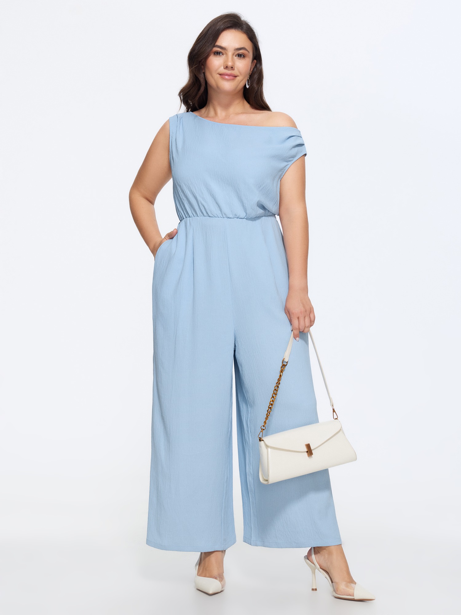 BloomChic Plus Size Textured One Shoulder Pocket Wide Leg Jumpsuit - Curve Women's LightBlue Playsuit - Leg-Lengthening Look Side Pocket Wide leg Jumpsuits 14/M